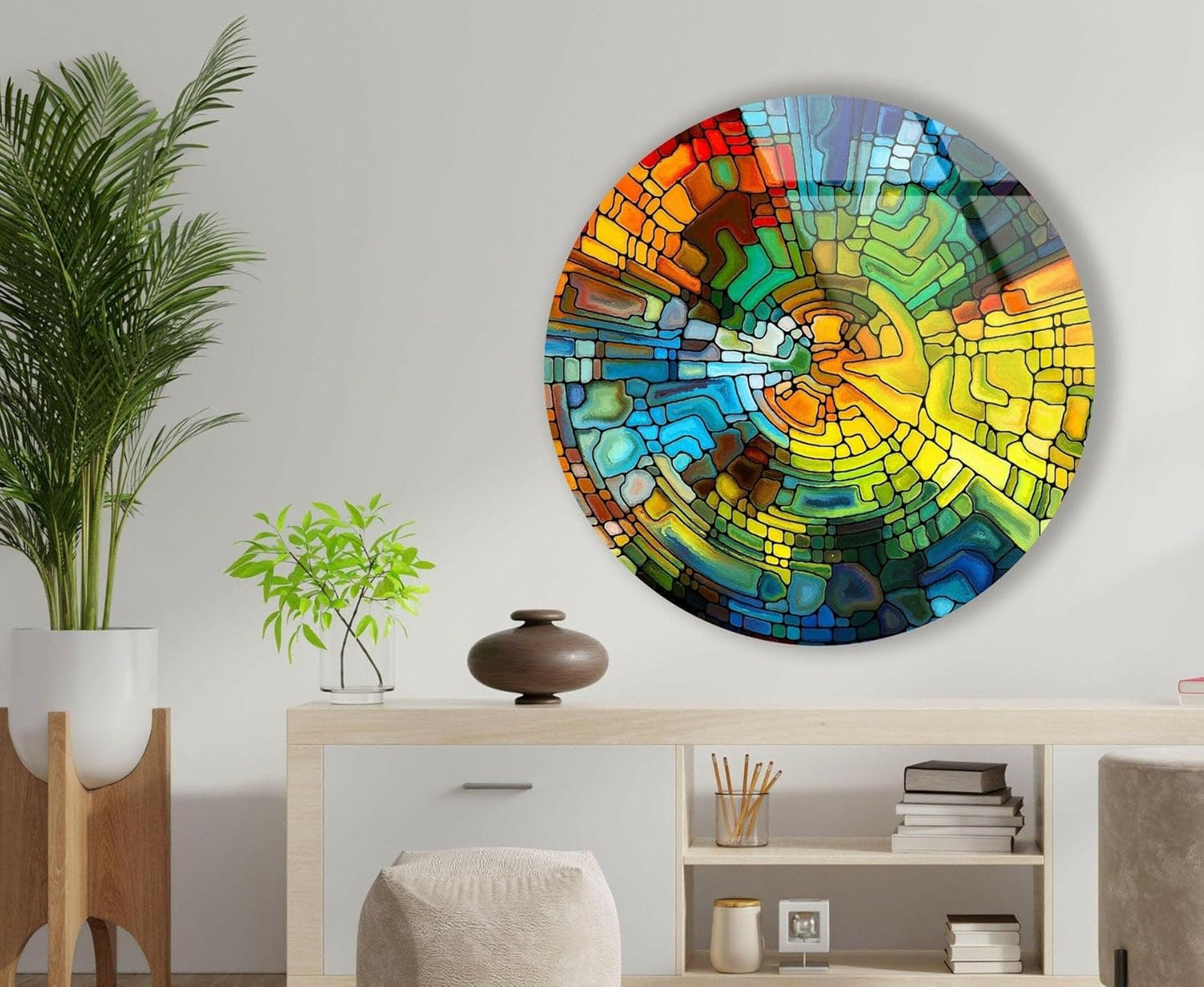 My Photostation.com 39,4''(100cm) Diameter Stained Yellow Round Glass Wall Art Tempered Glass Printing Wall Decor Large Wall Art Wall Hangings