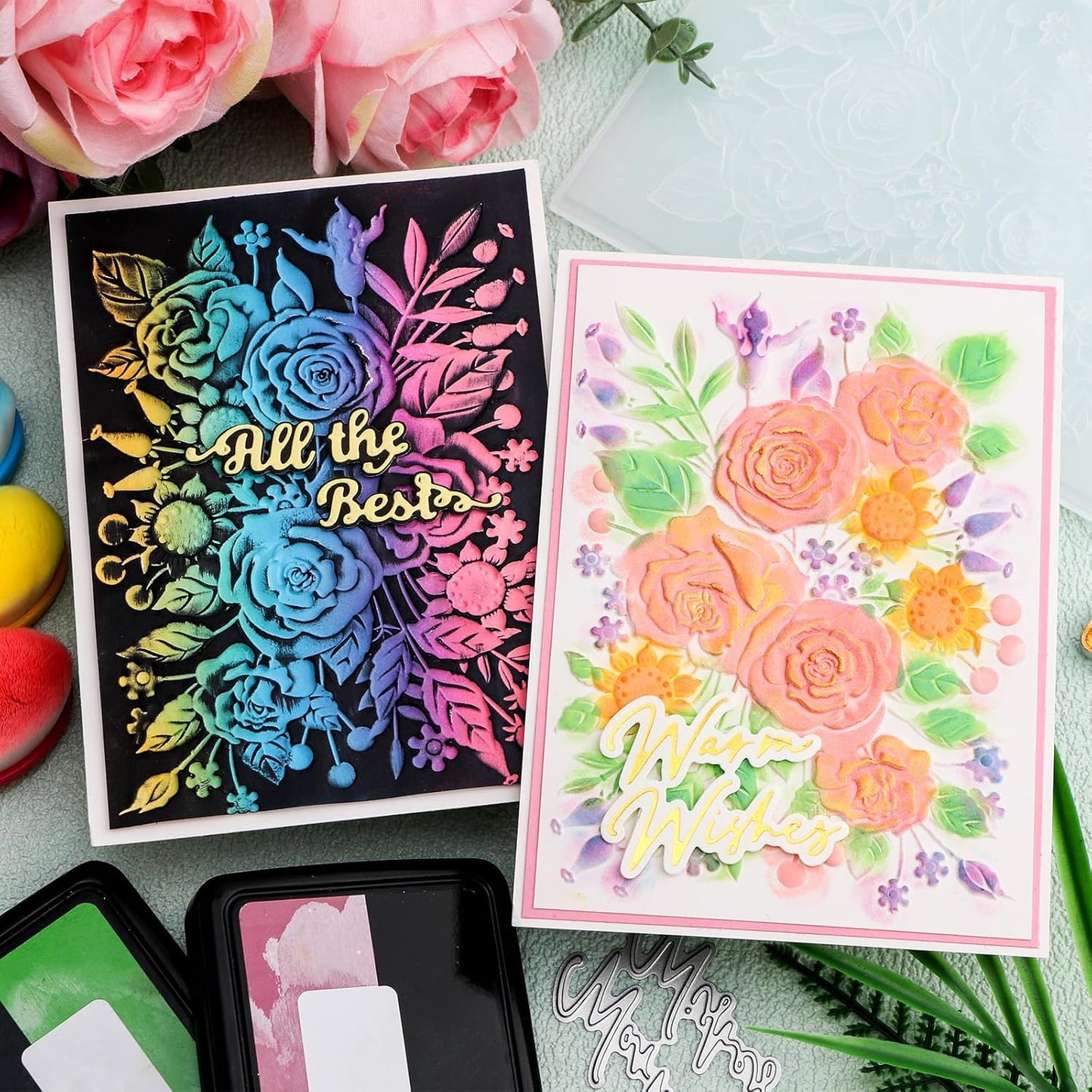 BAOFALI 3D Embossing Folder for Card Making,Rose Garden Clear Plastic Texture Fades Embossing Folder Template for Scrapbooking and Other Paper Craft Album Stamps DIY Decoration 6.3" L x 4.5" W