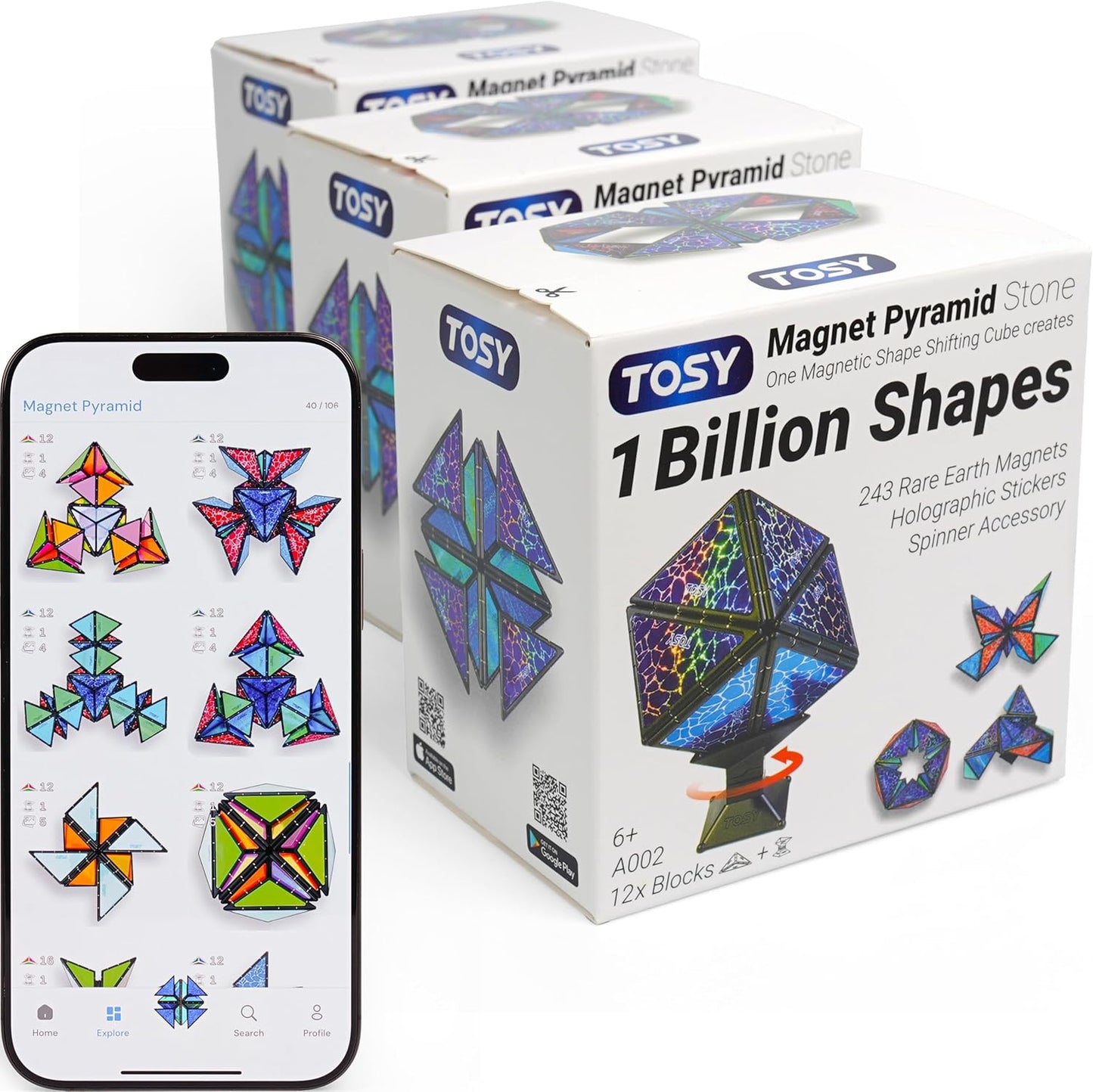 TOSY Magnet Pyramid Stone - 1 Cube Transforms into 1 Billion Shapes, 12 Pieces, 243 Rare Earth Magnets, Holographic Design Magnet Tiles Creative Puzzle STEM/STEAM Toy, 3-Pack
