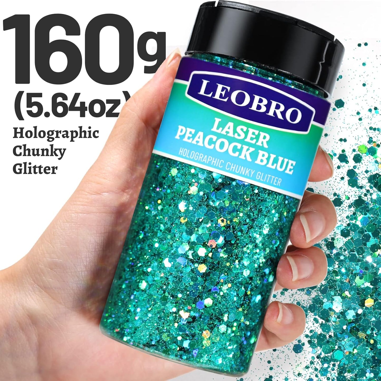 LEOBRO Blue Glitter, 160G/5.64OZ Holographic Chunky Glitter for Crafts, Resin, Body Nail, Tumblers,Party Decorations, (Peacock Blue)