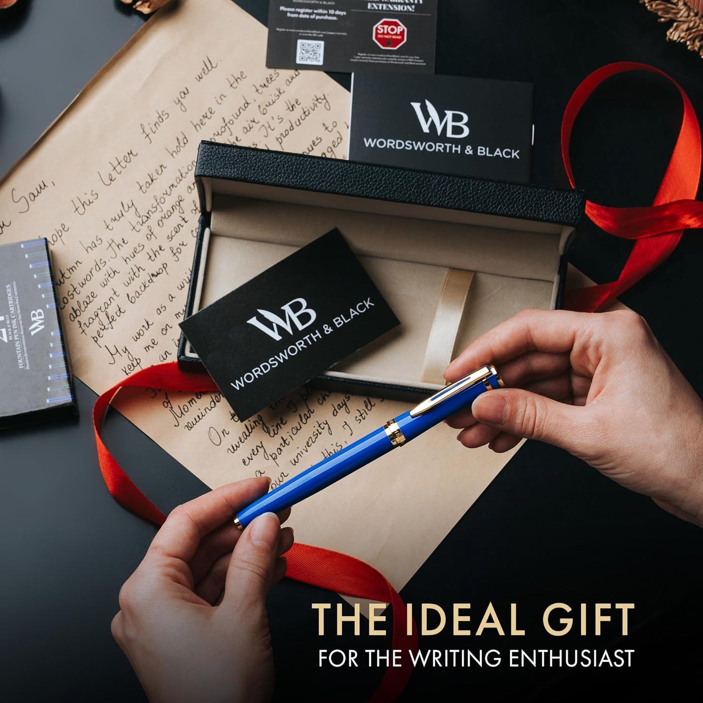 Wordsworth & Black Fountain Pen Set, 18K Gilded Extra Fine Nib, Includes 24 Pack Ink Cartridges, Ink Refill Converter & Gift Box, Gold Finish, Calligraphy, [Imperial Blue], Perfect for Men & Women