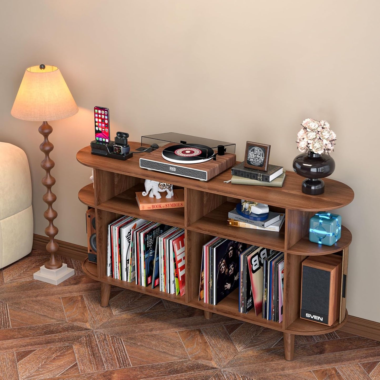 Large Round Record Player Stand with Charging Station & USB Ports，Record Storage Cabinet, Mid Century Modern Turntable Stand for Bedroom Living Room (Walnut)