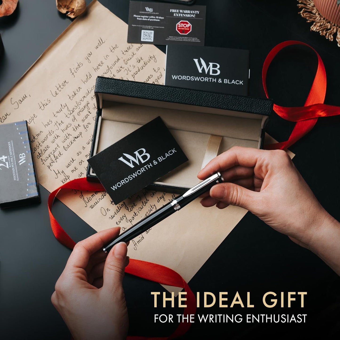 Wordsworth & Black Fountain Pen Set, Bent Nib, Includes 24 Pack Ink Cartridges, Ink Refill Converter & Gift Box, Chrome Finish, Calligraphy, [Black Chrome], Perfect for Men & Women