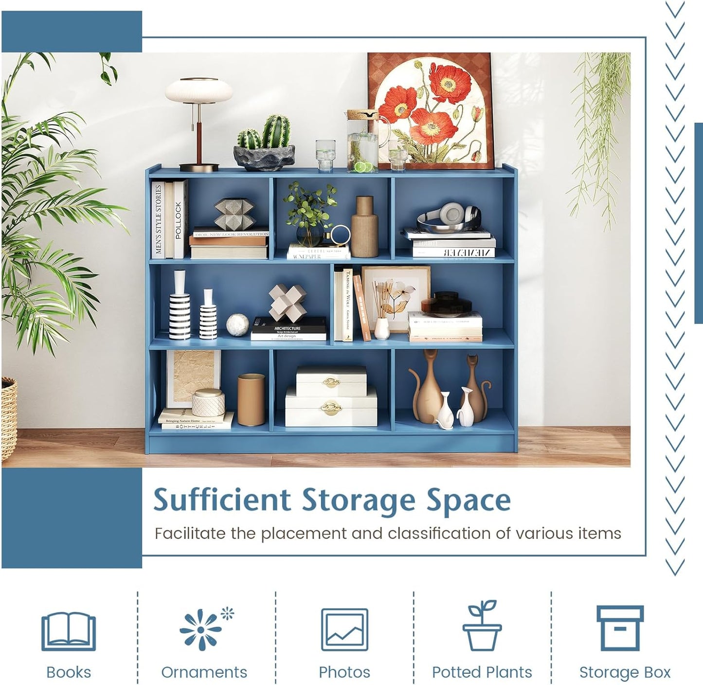 Toy Storage Organizer, 2-Tier Kids Bookshelf, 5 Cube Kids' Bookcases, Cabinets & Shelves, Wooden Toy Organizers, Small Book Shelf for Bedroom, Playroom, Classroom, Nursery (Blue, 3-Tier)