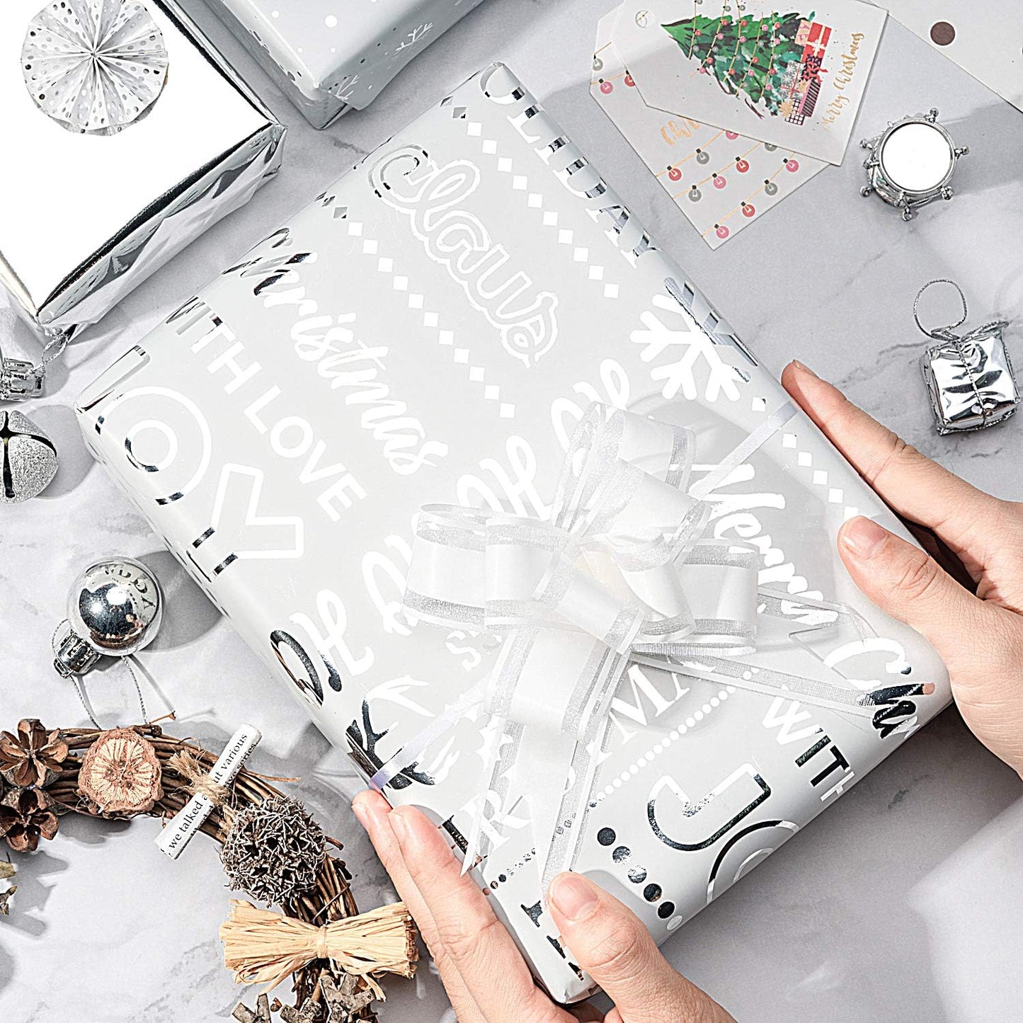 WRAPAHOLIC 30 Inch Christmas Wrapping Paper Roll - Jumbo Roll Blue and Silver Snowflake Holiday Design with Metallic Foil Shine - 4 Rolls - 30 Inch x 120 Inch Per Roll