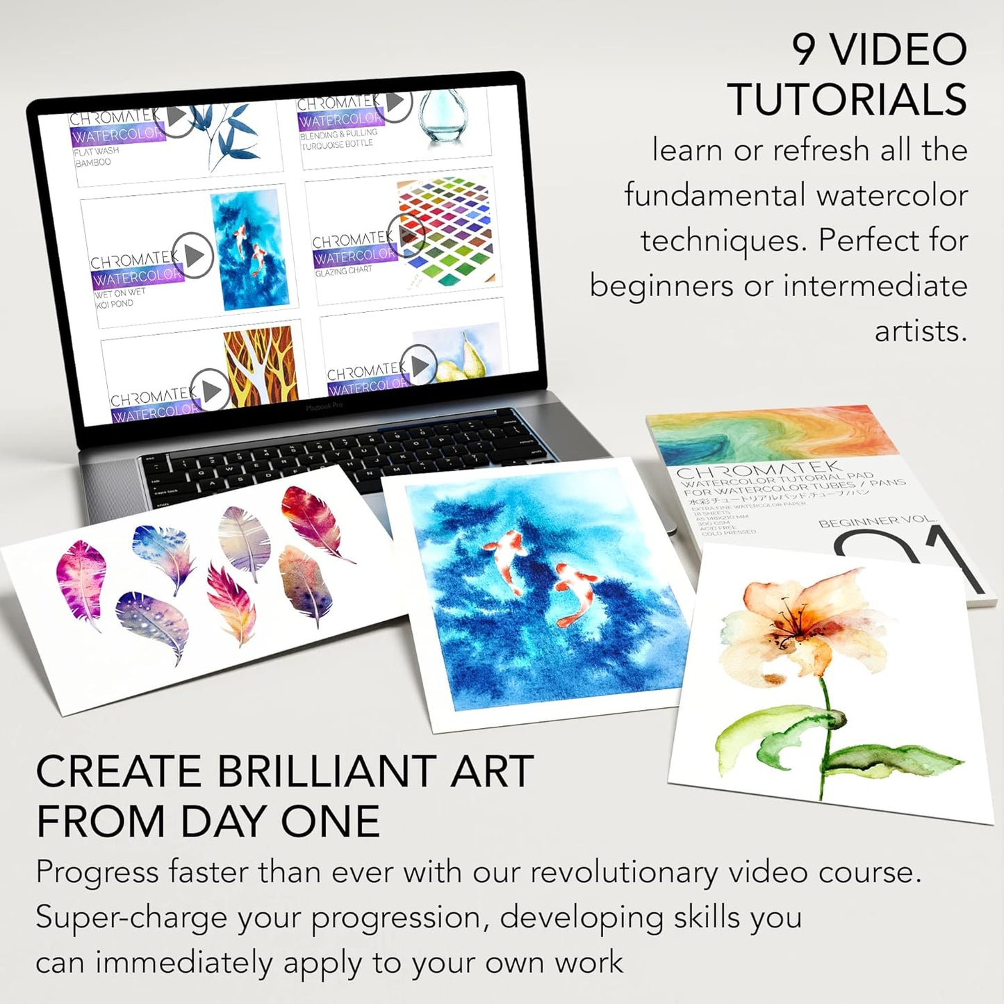 CHROMATEK Watercolor Paint Set - 62 Piece Kit - Video Tutorial Course - For Adults, Beginner & Professional Artists - 26 Tubes (12ml), Sketch Pad, 8 Painting Brushes, Aquapen, Palette, Masking Tape