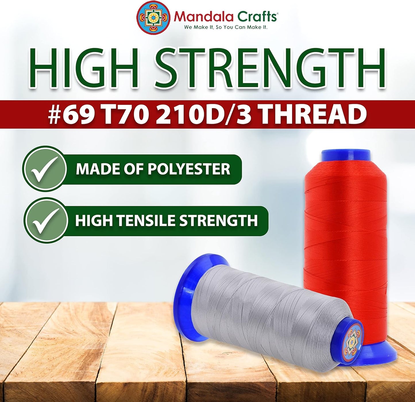 Mandala Crafts White Heavy Duty Thread -1500 Yds Tex 70 Thread for Sewing Drapery Jeans Leather Hair - Bonded Polyester Thread Outdoor Marine Upholstery Threads