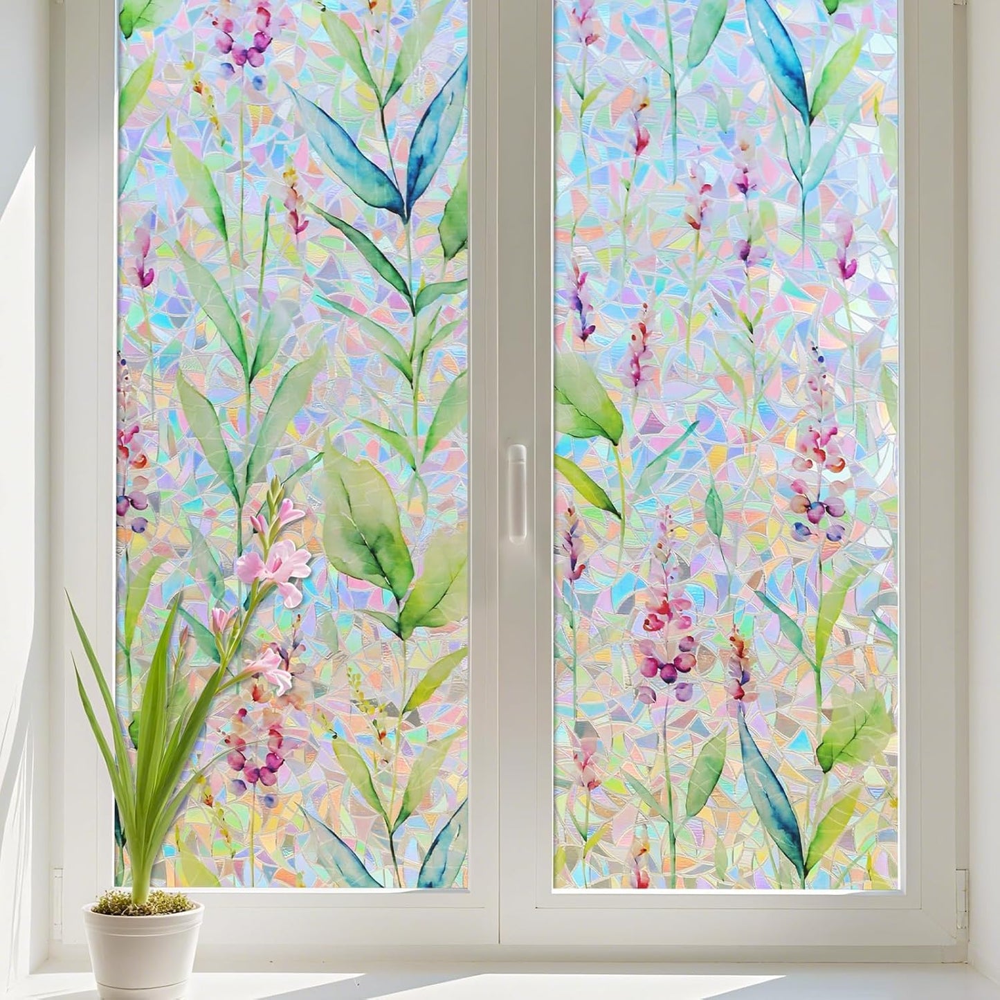 Donox Decorative Window Privacy Film, 3D Floral Stained Glass Window Film Static Cling Rainbow Privacy Sticker for Glass Door Heat Control Anti UV, No Adhesive (Gladiolus,17.5 x 78.7 inches)