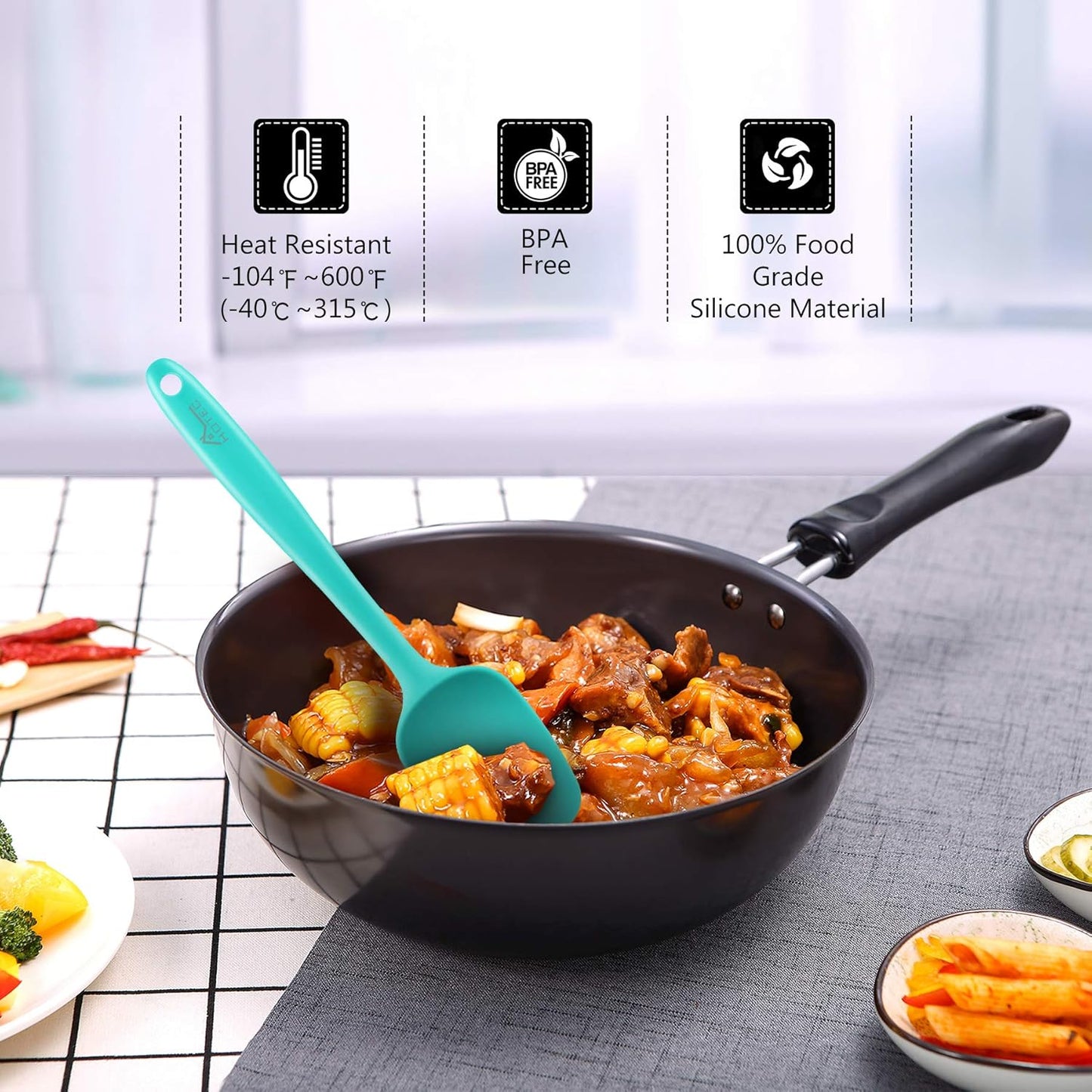 HOTEC 600℉ Heat Resistant BPA-Free Silicone Rubber Spatula Set,Kitchen Cooking Spatulas, Baking, Mixing for Non Stick Cookware, Dishwasher Safe, Set of 5 Aqua Sky