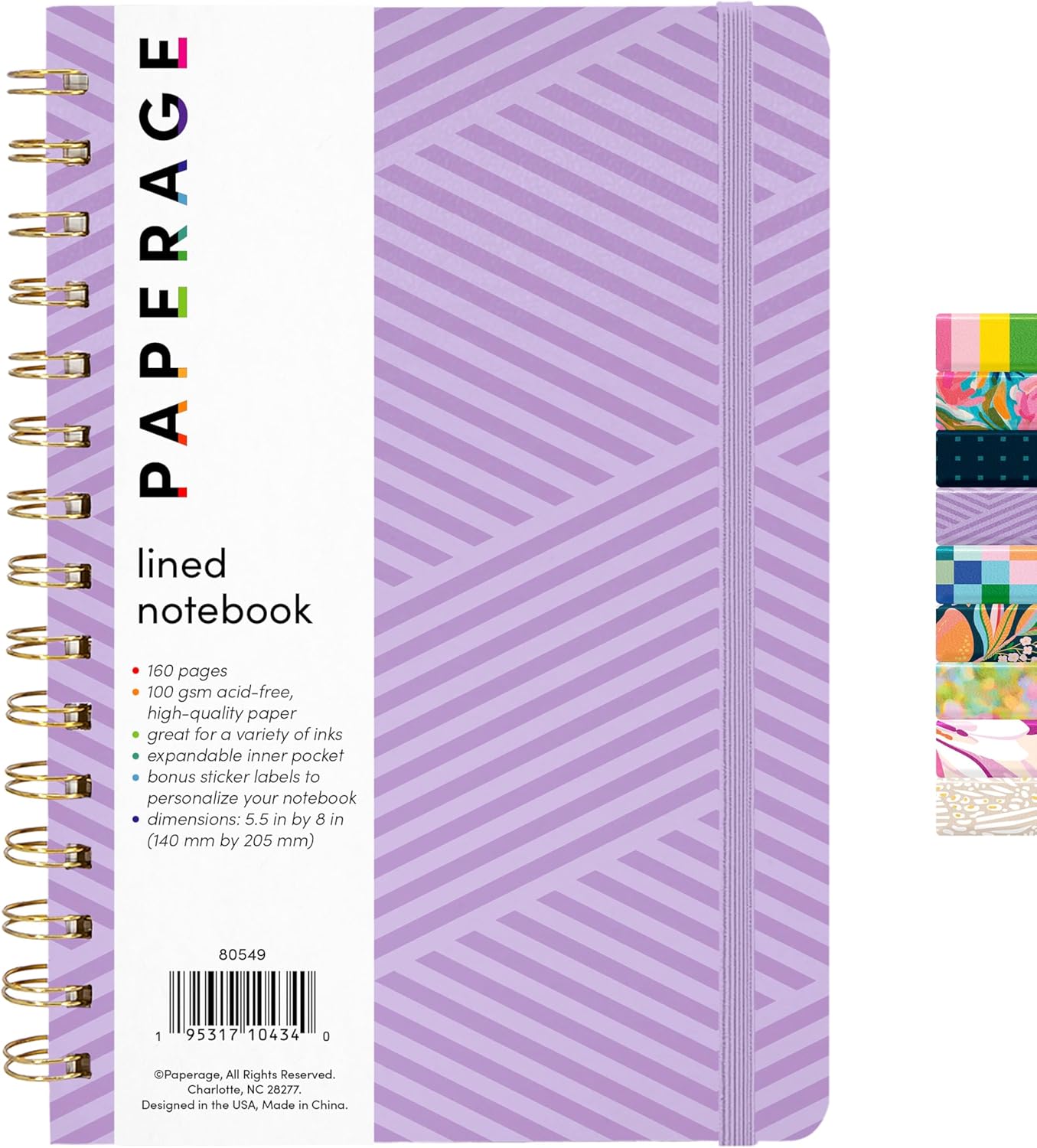PAPERAGE Lined Spiral Journal Notebook, (Geometric Lavender), 160 Pages, Hardcover Journal for Women & Men, Medium 5.5 in x 8 in - 100 GSM, Thick Paper, Spiral Notebook for Work, School & Journaling