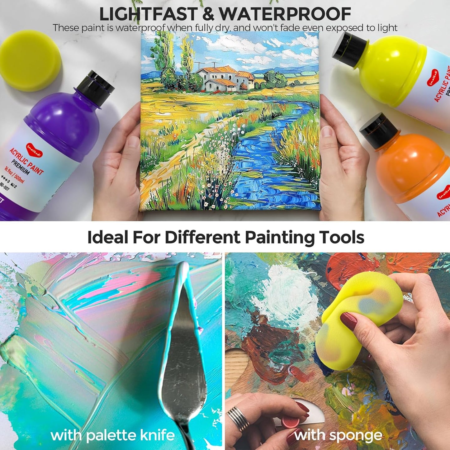 15 Colors Large Acrylic Paint Set (16.9 oz,500 ml), Bulk Acrylic Paint Non-Toxic Art Painting Supplies on Multi Surface Pumpkin Canvas Wood Craft Fabric Rock for Artist Kids with Color Wheel