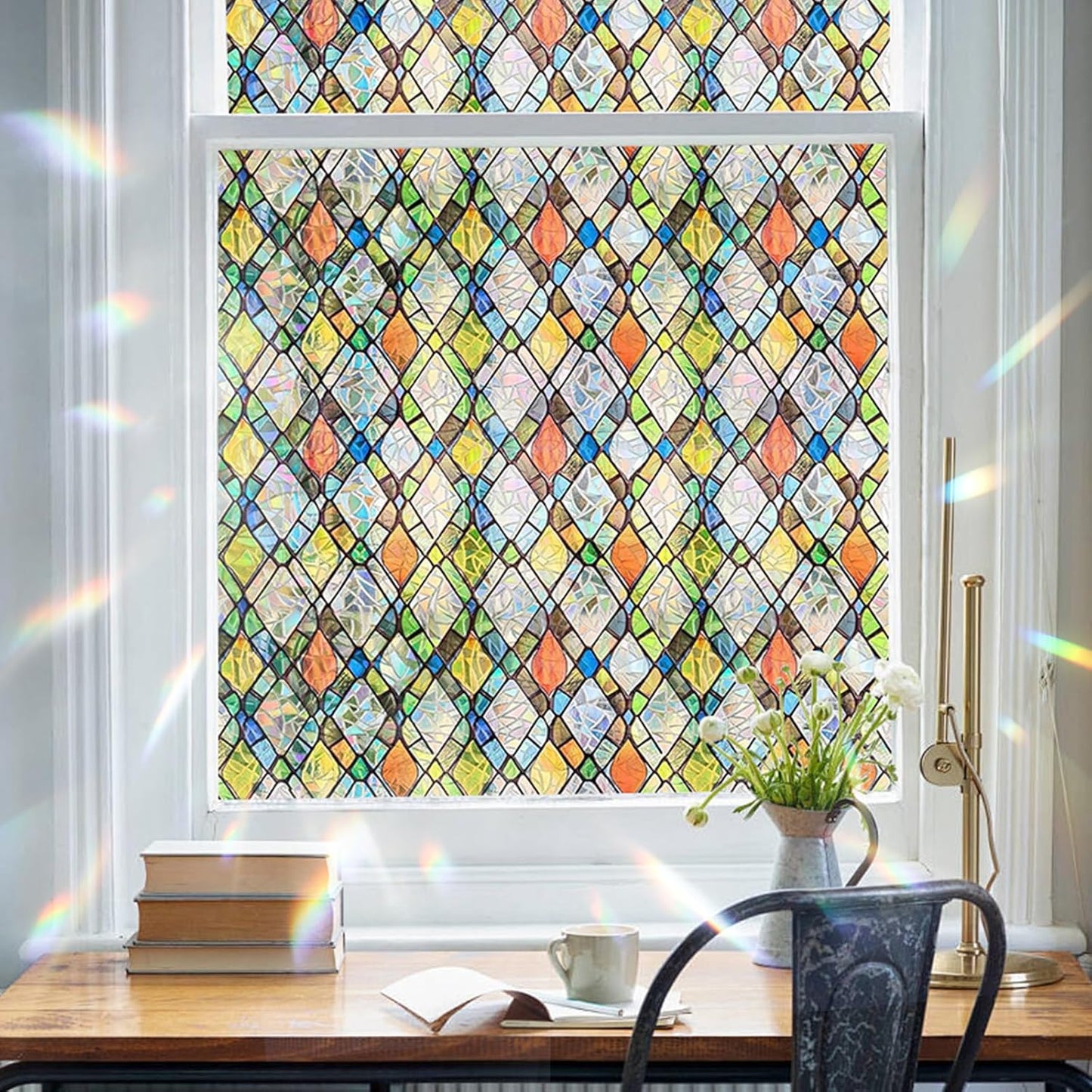 Window Privacy Film Rainbow Film Stained Glass 3D Static Cling Decorative Window Sticker for Bathroom,Front Door,Home Heat Control UV Blocking Non Adhesive,Diamond Grid 23.6 x 78.7inches