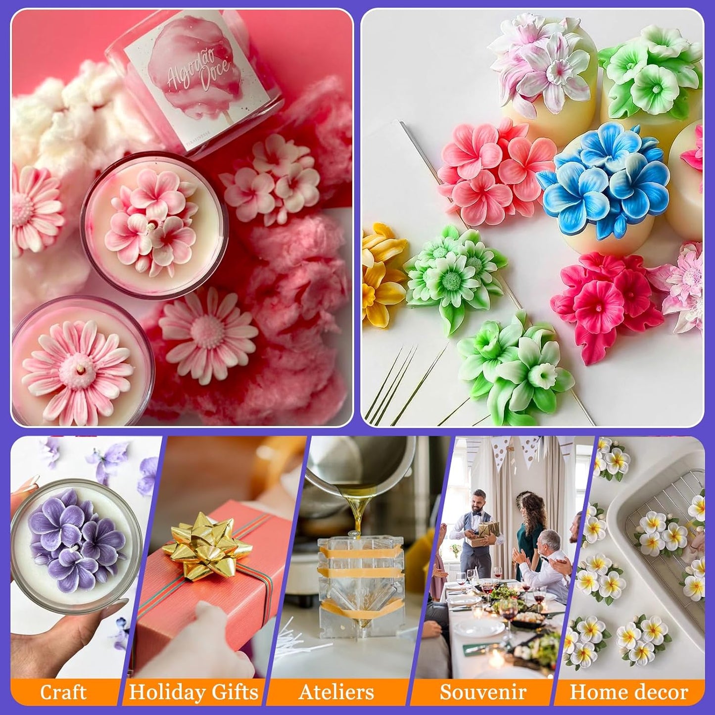 4PCS Flower Silicone Mold 3D Cute Flower Resin Candle Molds for Candle Making Sun Flowe Daffodils Petunia Plumeria Flowe Silicone Mold Resin Aromatherapy Gypsum Wax Soap Clay Craft