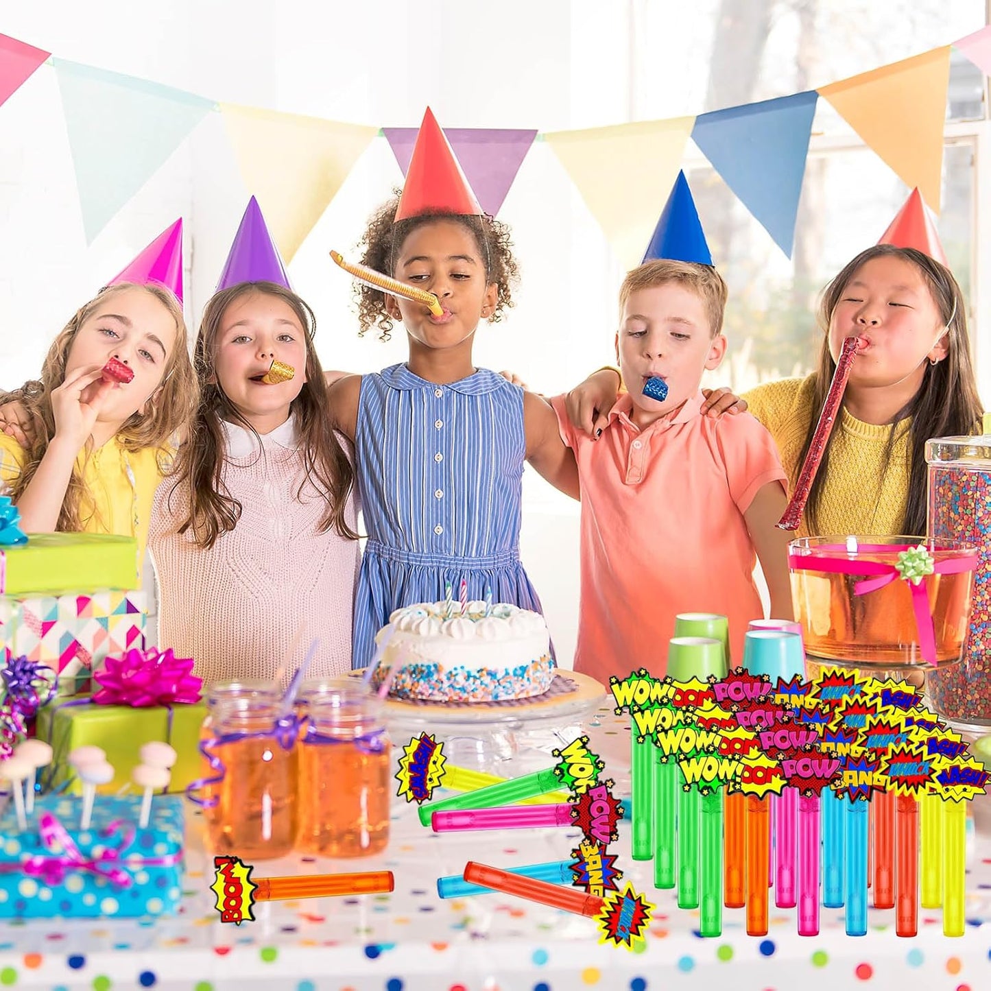 Superhero Party Favors,24Pcs Hero Word Bubble Wands for Kids,Cool Bubble Wand for Superhero Party Supplies,Classroom Prizes Pinata Goodie Bag Stuffers Gift