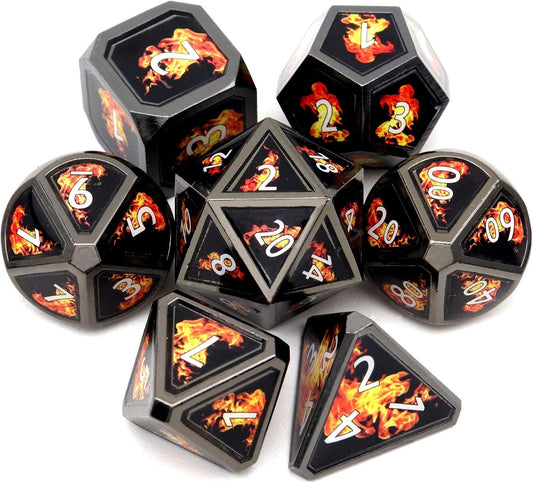 Haxtec Fire Bolt Real Scene Metal DND Dice Set Black Polyhedral Metal Dice for D&D Compatible with Dungeons and Dragons Gifts TTRPG Games-Dark Fire