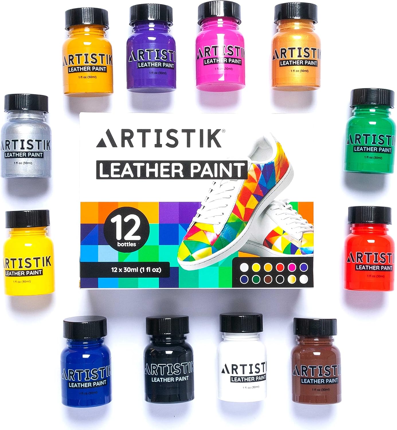Leather Paint Set with Brushes - 12 x 30ml Acrylic Paints Leather Dye Set for Shoes Bags Boots Sneakers Jackets Car Seat Leather