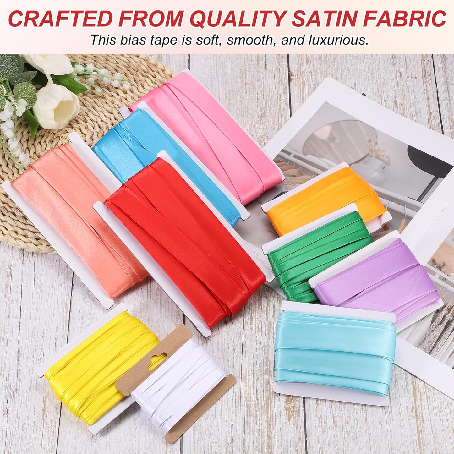 MECCANIXITY Double Fold Bias Tape for Sewing 1/3 Inch x 6 Yards Satin Pre-fold Continuous Binding Tape for Seaming Quilting Hemming Binding DIY Crafts, Yellow