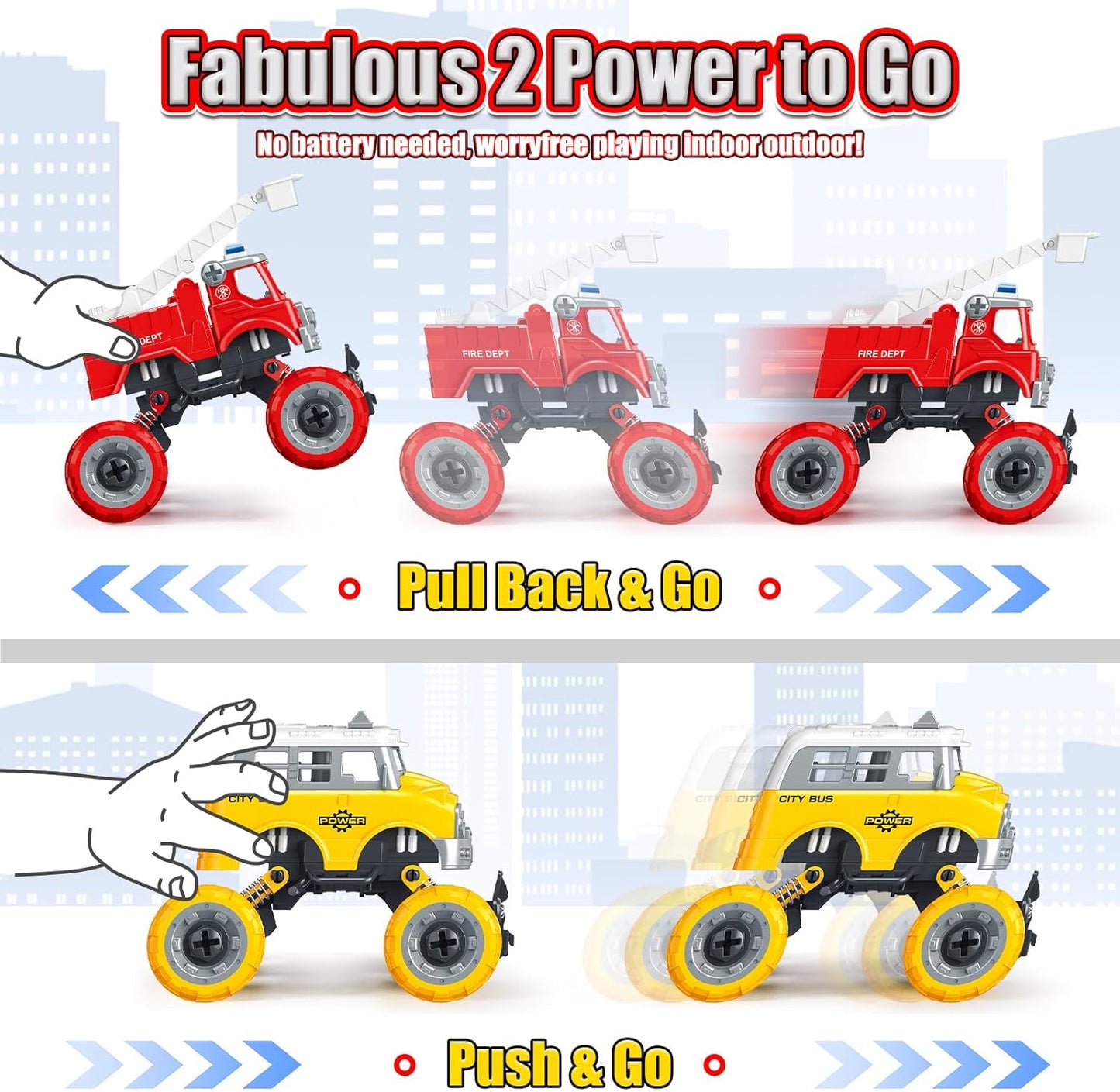 LUDILO Kids Boys Toys Age 4-6 5-7 6-8: 4 PCS DIY Assembly Building City Bus Ambulance Police Car Toy Fire Truck with Electric Drill, Stem Learning Toys Gifts for 3 4 5 6 7 8 Year Old Boys Girls Kids
