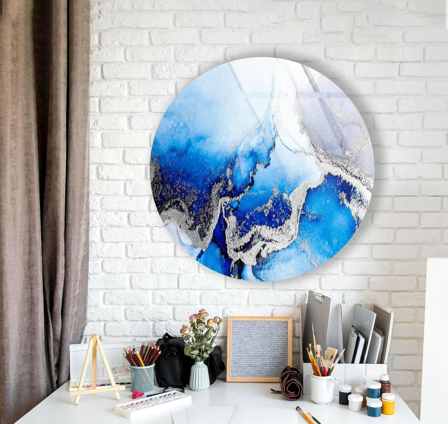 My Photostation.com 39,4''(100cm) Diameter Blue Marble Round with Silver Details Glass Wall Art Tempered Glass Printing Wall Decor Large Wall Art Wall Hangings