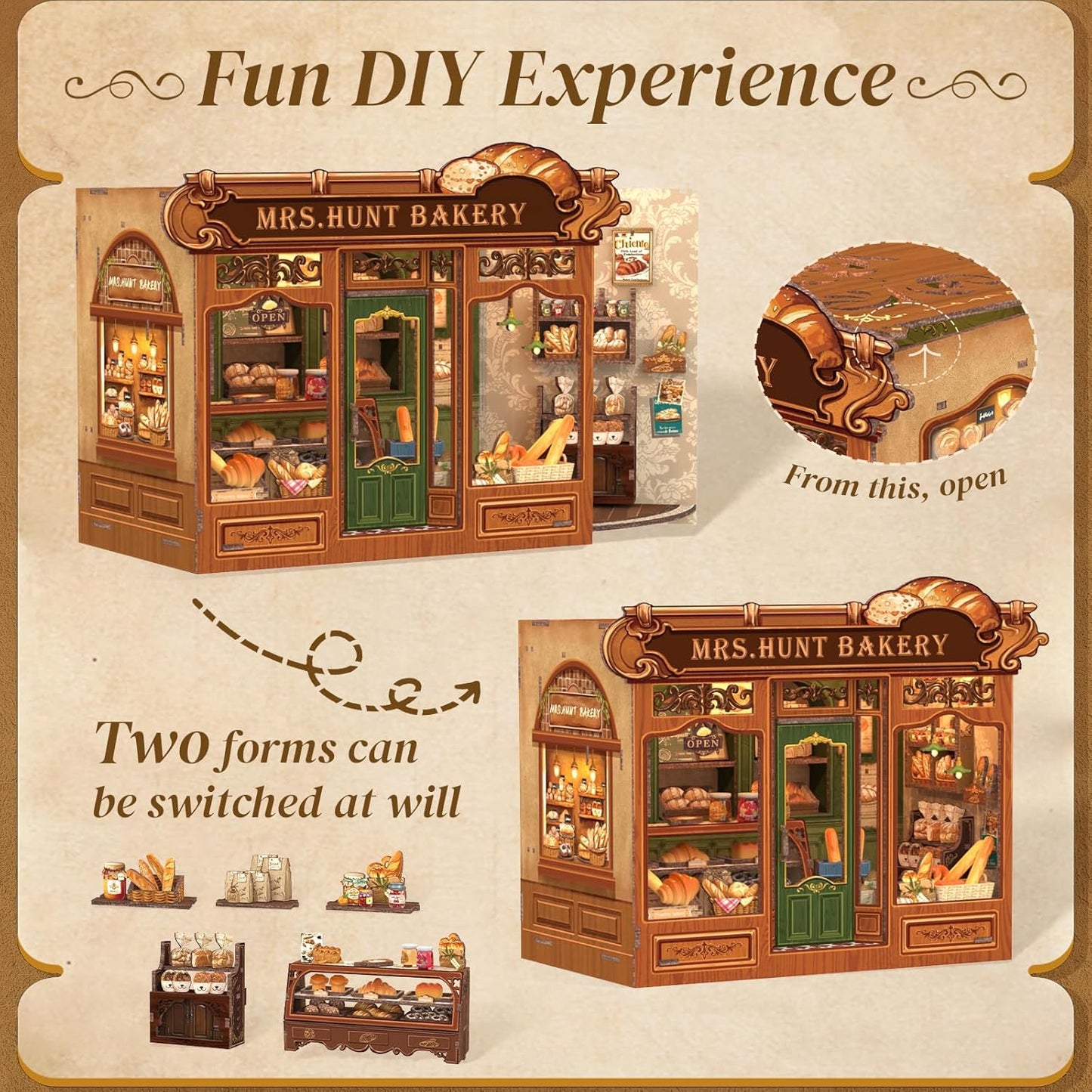 Cutefun Book Nook Kit - DIY Miniature House Dollhouse Kit, Book Nook Kits for Adults, Bookshelf Insert Bookend with LED Light for Teens and Adults (Mrs.Hunt Bakery)