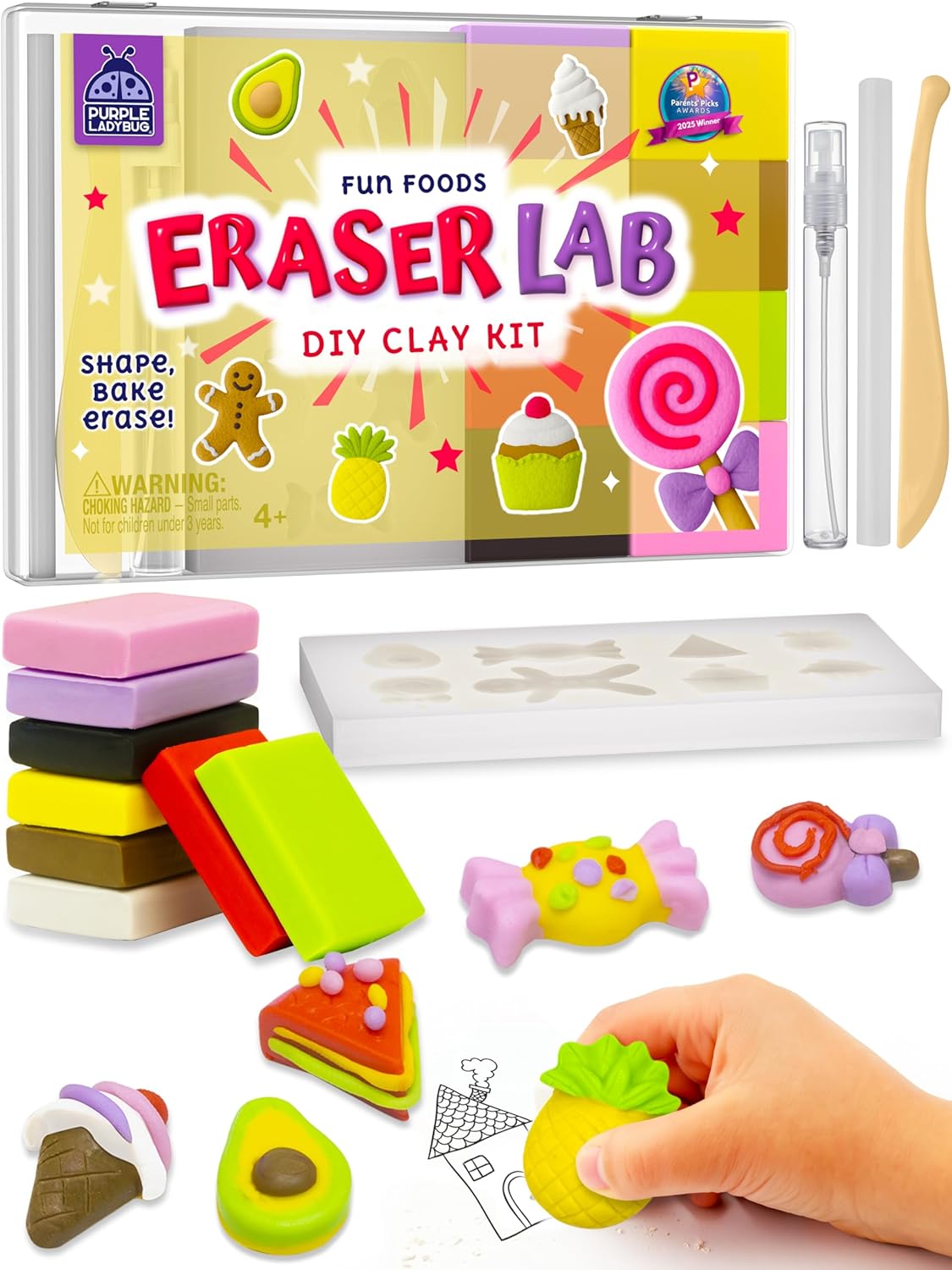 Eraser Lab DIY Clay Kit - Food-Themed Fun Eraser for Kids Craft Set, 8 Clay Colors, Mold Tray & Shaping Tool, Christmas Presents for Kids, Creative Activity for Boys & Girls Aged 4+, Gift for Birthday