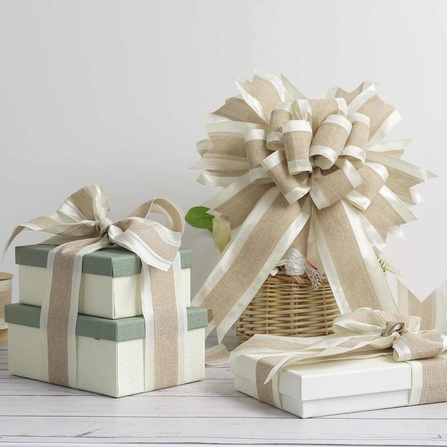 MEEDEE Burlap Wired Ribbon with Satin Edge - White Stripe, 2.5 Inch, 10 Yards for Wreath, Garland, Topper, Bow Making, Fall, Christmas, Wedding Decorations