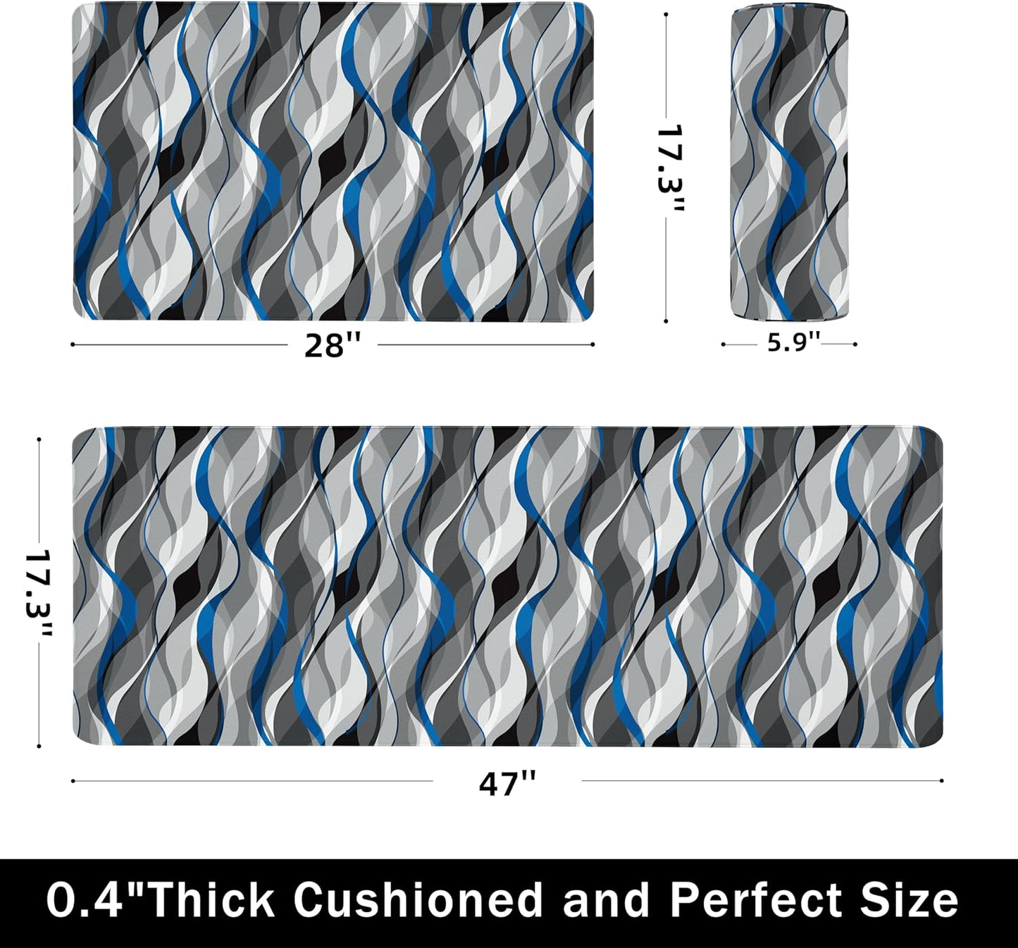 Kitchen Mats for Floor Modern Abstract kitchen rugs Grey and Blue Stripe Anti Fatigue Kitchen Mats Waterproof Floor Mats Cushioned Non-Skid Standing Mats for Kitchen, Set of 2,17.3 x 28+17.3 x 47