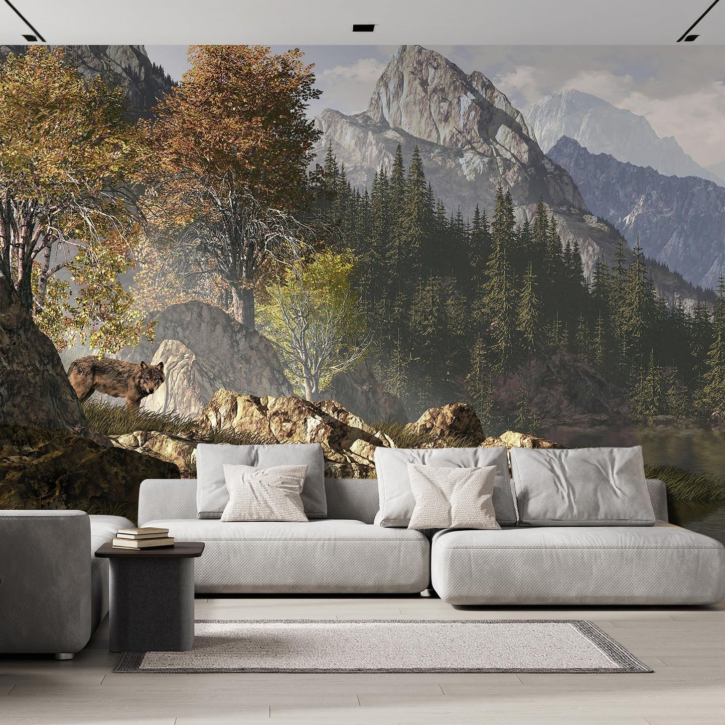 wall26 Wall Sticker/Wall Mural Wolf Near a Lake in a Rocky Mountain Landscape, Not Peel and Stick, Non-Woven Wallpaper Decorative for Bedroom, Living Room, Office - 108x168 inches