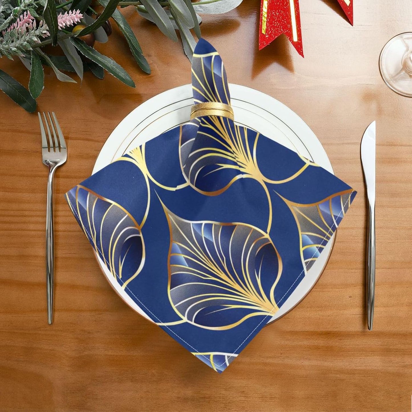 ALAZA Art Deco Floral Royal Blue & Gold Cloth Napkins Set of 6, 20x20 Inch Washable and Reusable Napkin for Decoupage Dinner Party Everyday Use