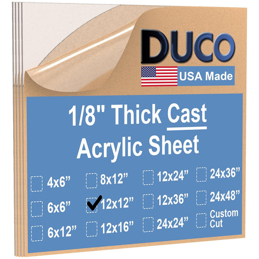 Duco USA-Made Clear Cast Acrylic Sheet 1/8 Inch Thick 12" x 12" - 4 Pack of Transparent Plexiglass Sheet - Lightweight Acrylic Board for Window Replacements, Displays, Signs, and More