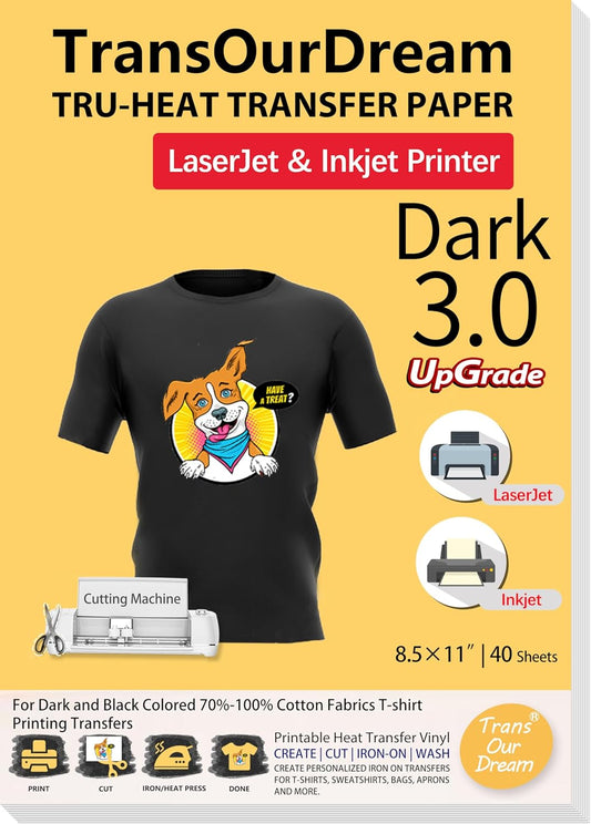 TransOurDream Heat Transfer Paper for Dark Fabric (40 Sheets, 8.5x11", Dark 3.0) Printable Iron on Transfers for Laserjet & Inkjet Printer, Printable Heat Transfer Vinyl for Tshirts (D3-40)