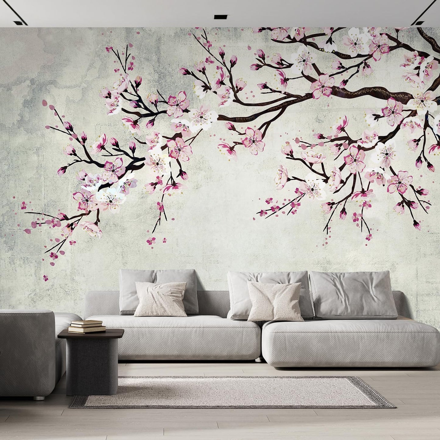 wall26 Wall Sticker/Wall Mural Watercolor Style Ink Painting Pink Cherry Blossom on Vintage, Not Peel and Stick, Non-Woven Wallpaper Decorative for Bedroom, Living Room, Office - 132x168 inches