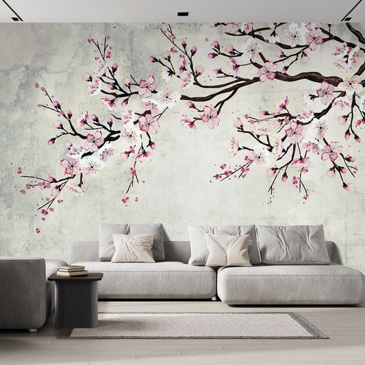 wall26 Wall Sticker/Wall Mural Watercolor Style Ink Painting Pink Cherry Blossom on Vintage, Not Peel and Stick, Non-Woven Wallpaper Decorative for Bedroom, Living Room, Office - 132x168 inches