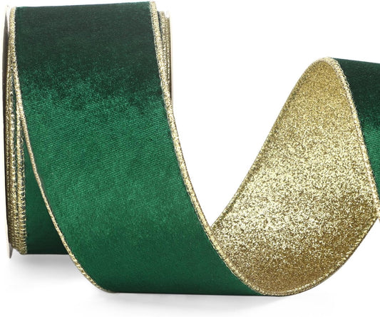 Ribbli Forest Green Velvet Wired Ribbon 2.5 Inch Green Velvet with Gold Glitter Christmas Ribbon for Christmas Tree Decoration Big Bow Gift Wrapping Crafts Wreaths Supplies- 10 Yards