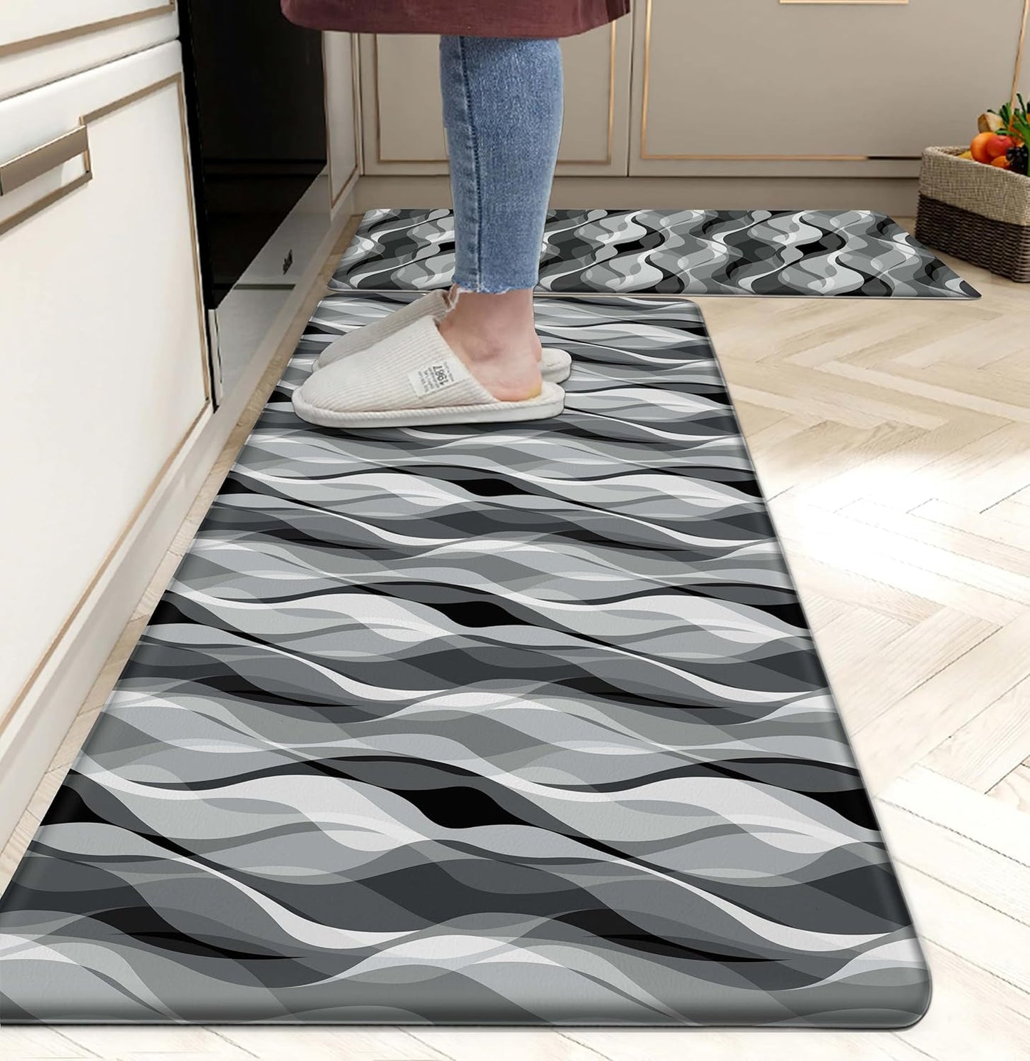 weesire Kitchen Mats for Floor Modern Abstract Kitchen Rugs Grey Stripe Anti Fatigue Kitchen Mats Waterproof Floor Mats Cushioned Non-Skid Standing Mats for Kitchen, Set of 2,17.3 x 28+17.3 x 47