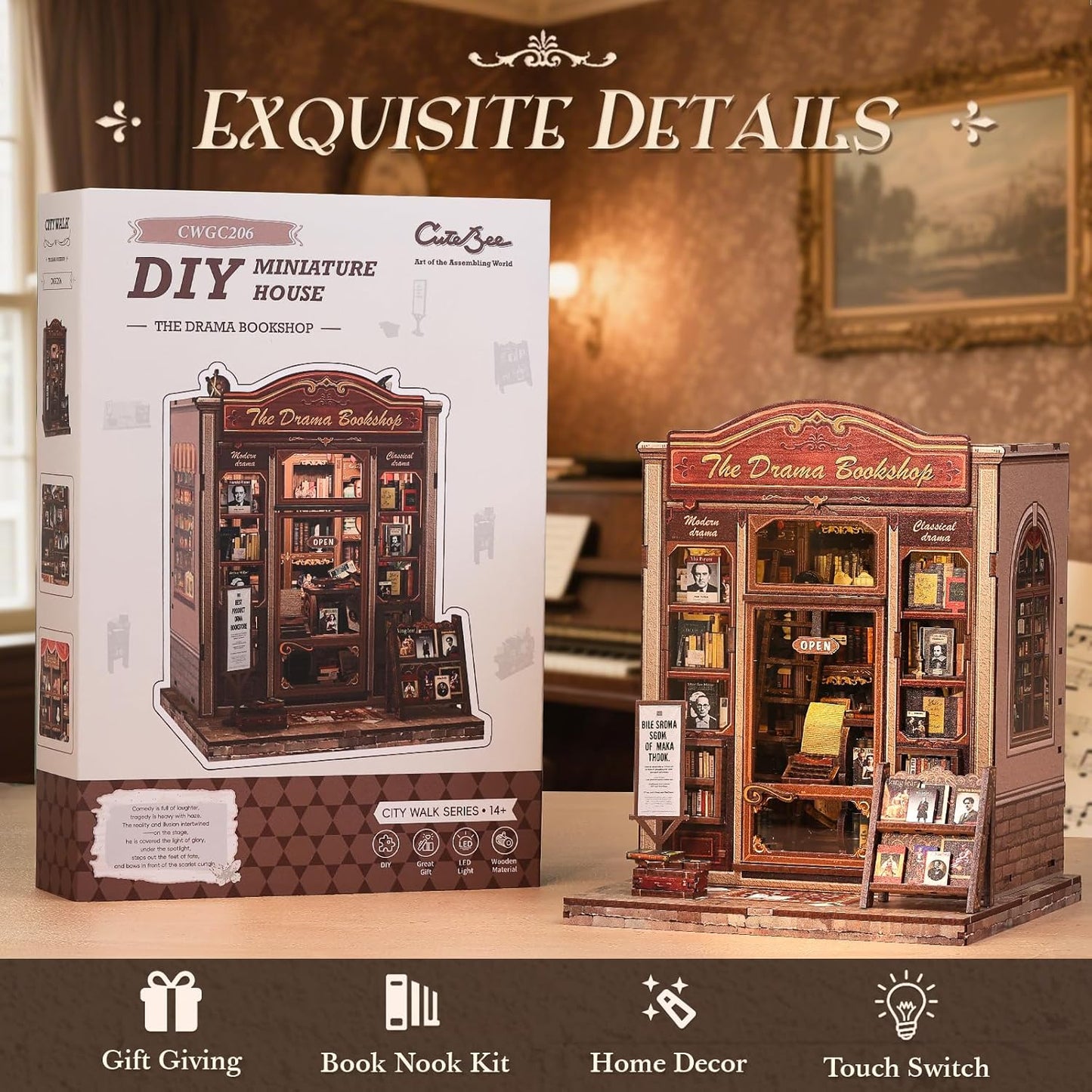 CUTEBEE Book Nook Kit - DIY Miniature House Dollhouse Kit for Adults and Teens, Booknook Tiny House Bookshelf Decor 3D Wooden Puzzle, Gifts for Family Friends (Drama Bookshop)