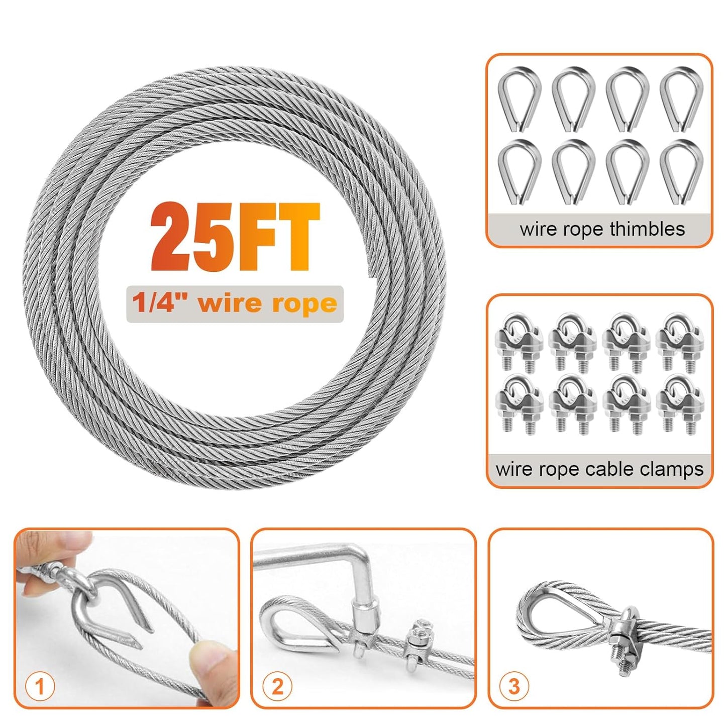 Stainless Steel Cable for Railing - 25FT 1/4" T316 Wire Rope with Clamps and Thimbles - 7 x 19 Strands 6700 LBS Breaking Strength for Outdoor Deck Railing Zipline