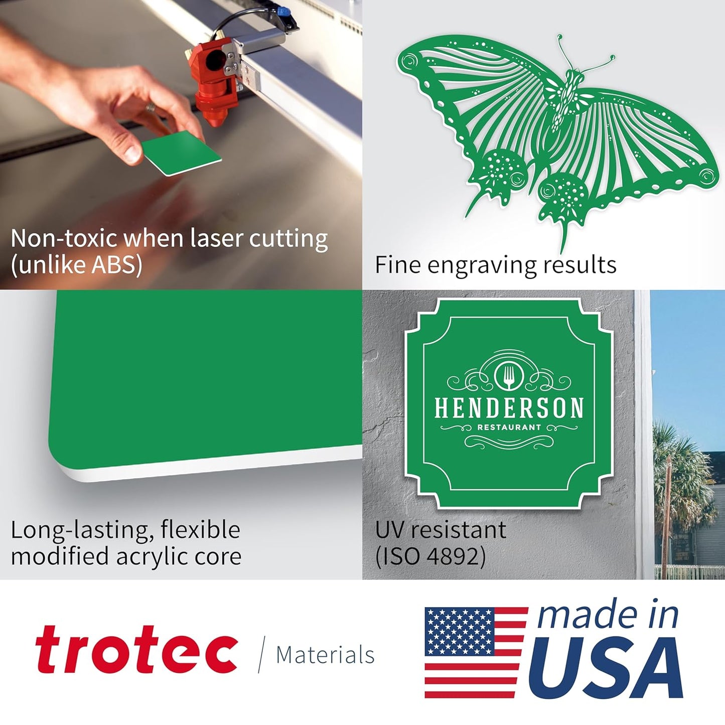 Trotec TroLase | 12"x12"x1/8", 8 Pcs | Bright Green/White | 2 Ply | Modified Acrylic | Laser Engraving Double Color Plastic Sheet | Engraving Blanks for Laser, Saw, Guillotine | Made in USA