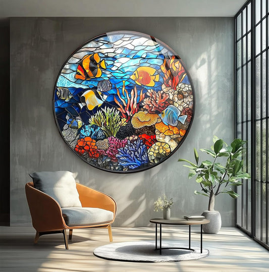 My Photostation.com 10''(25cm) Diameter Coral Reef Mosaic Round Glass Wall Art Tempered Glass Printing Wall Decor Large Wall Art Wall Hangings