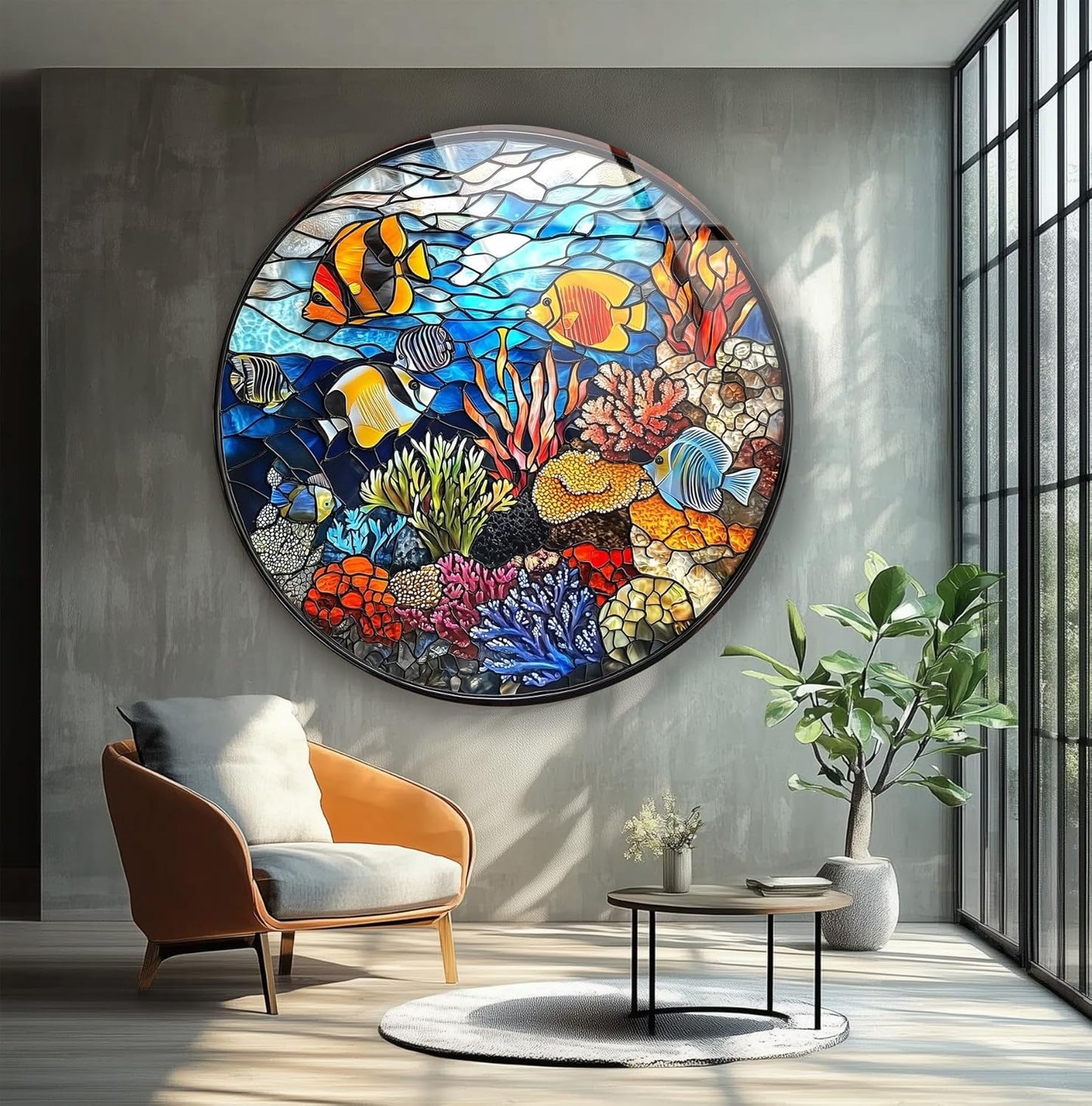My Photostation.com 24''(60cm) Diameter Coral Reef Mosaic Round Glass Wall Art Tempered Glass Printing Wall Decor Large Wall Art Wall Hangings