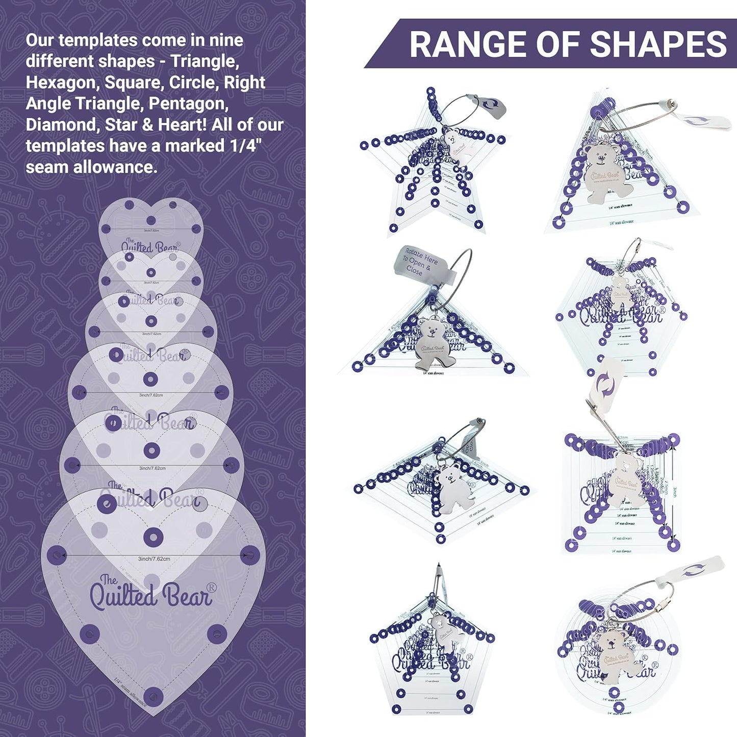 The Quilted Bear Circle Quilting Templates – 8 Clear Non-Slip Acrylic Quilt Templates for Precise Fabric Cutting & Stress-Free Machine Quilting - Ideal for Quilt & Sewing Supplies (¾–3")