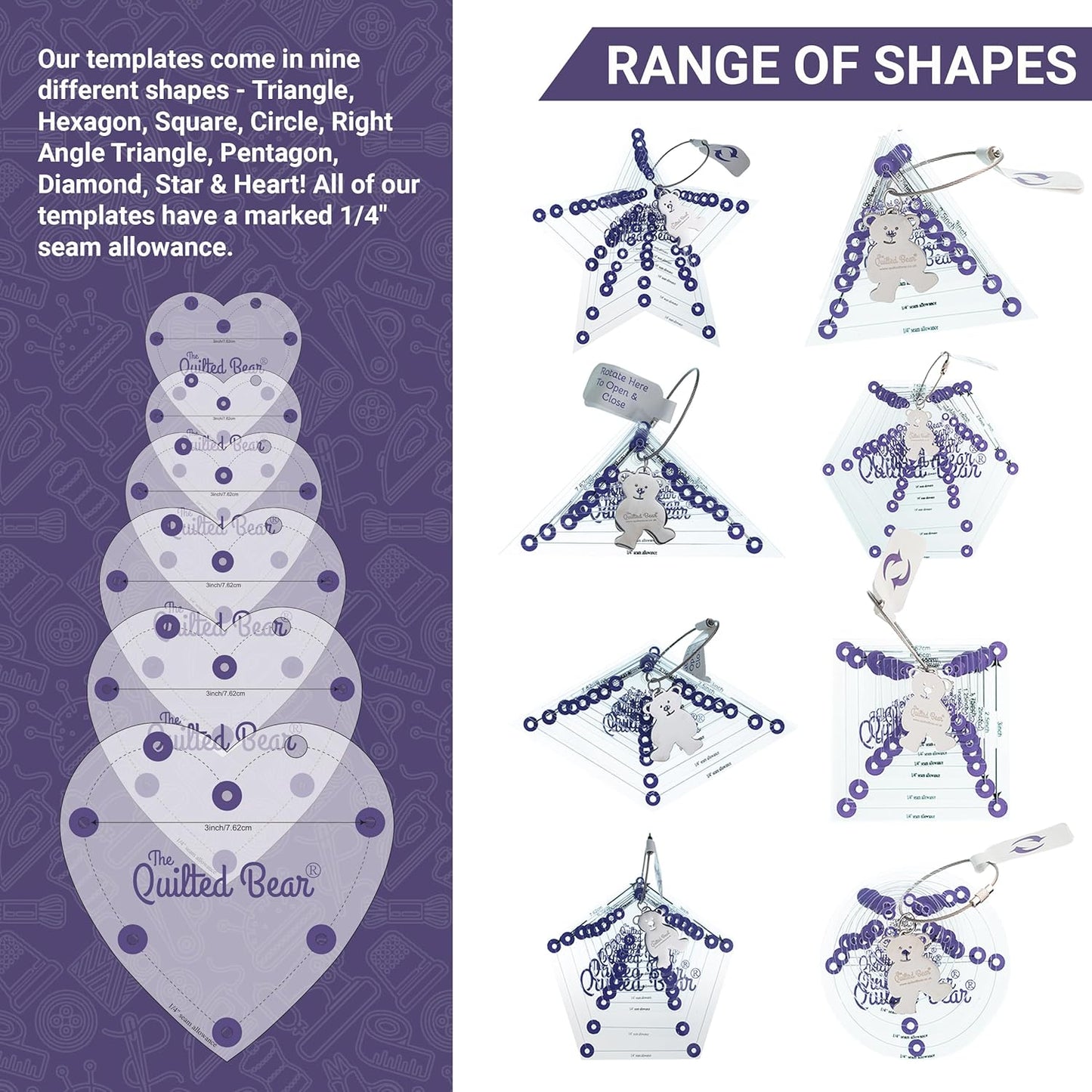 The Quilted Bear Square Quilting Templates – 8 Clear Non-Slip Acrylic Quilt Templates for Precise Fabric Cutting & Stress-Free Machine Quilting - Ideal for Quilt & Sewing Supplies (¾–3")