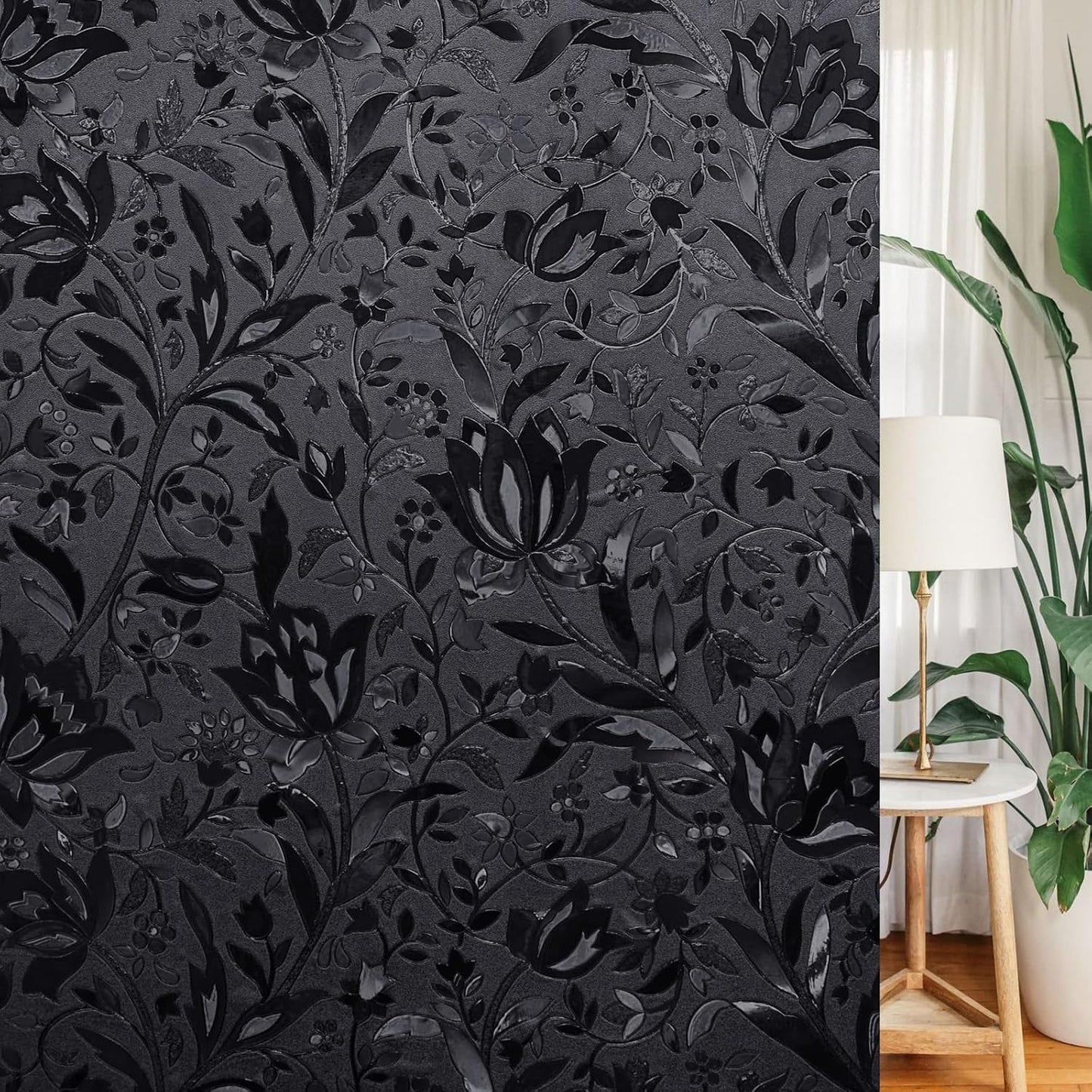 LEMON CLOUD Total Blackout Window Film Privacy Static Cling Frosted Black Window Covering 100% Opaque Film Tint Darkening Removable Film for High Privacy，(Blackout Tulip Design,35.4 x157.4 inches)