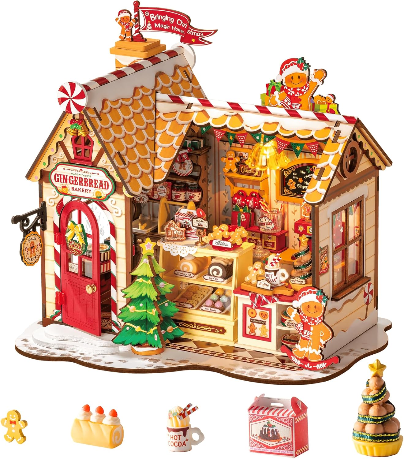 ROBOTIME DIY Miniature House Kit, Tiny House Book Nook for Family and Friends, Mini Wooden Dollhouse Kit for Halloween/Christmas/Birthday Gifts（Gingerbread House）