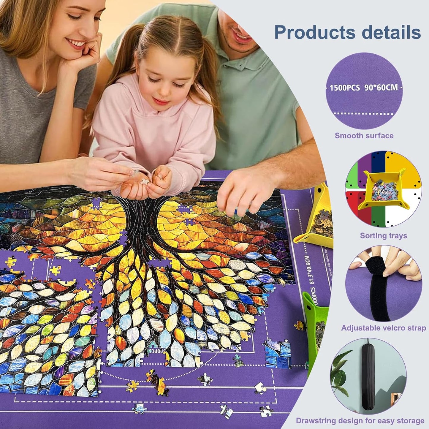 Napzy Puzzle Mat Rollup Puzzle Mats for Jigsaw Puzzles Storage Matt Roll Up Board Saver with 8 Sorting Trays 1 Drawstring Bag Jigsaws Table for Up to 1500PCS