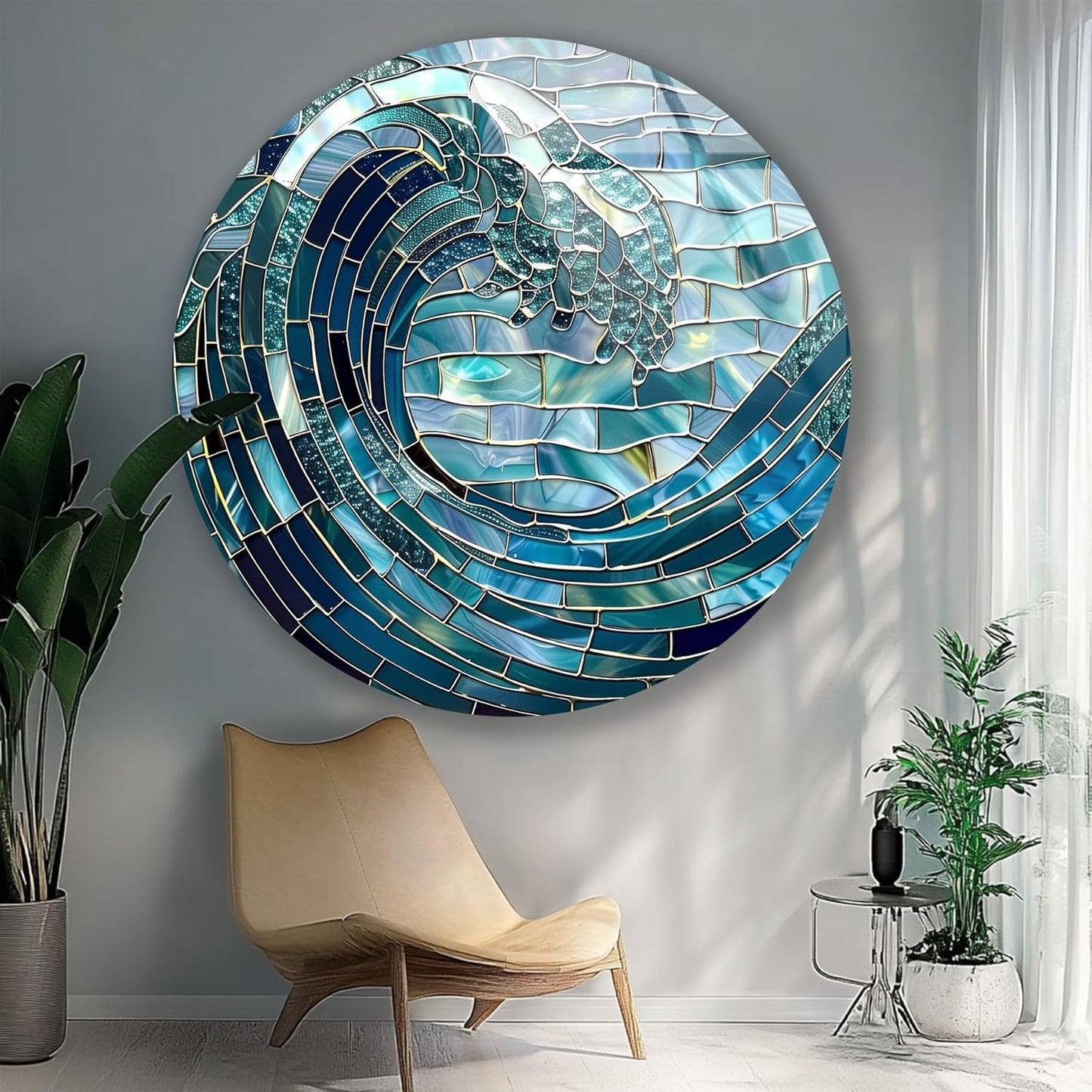 My Photostation.com 10''(25cm) Diameter Ocean Wave in Blue Mosaic Round Glass Wall Art Tempered Glass Printing Wall Decor Large Wall Art Wall Hangings