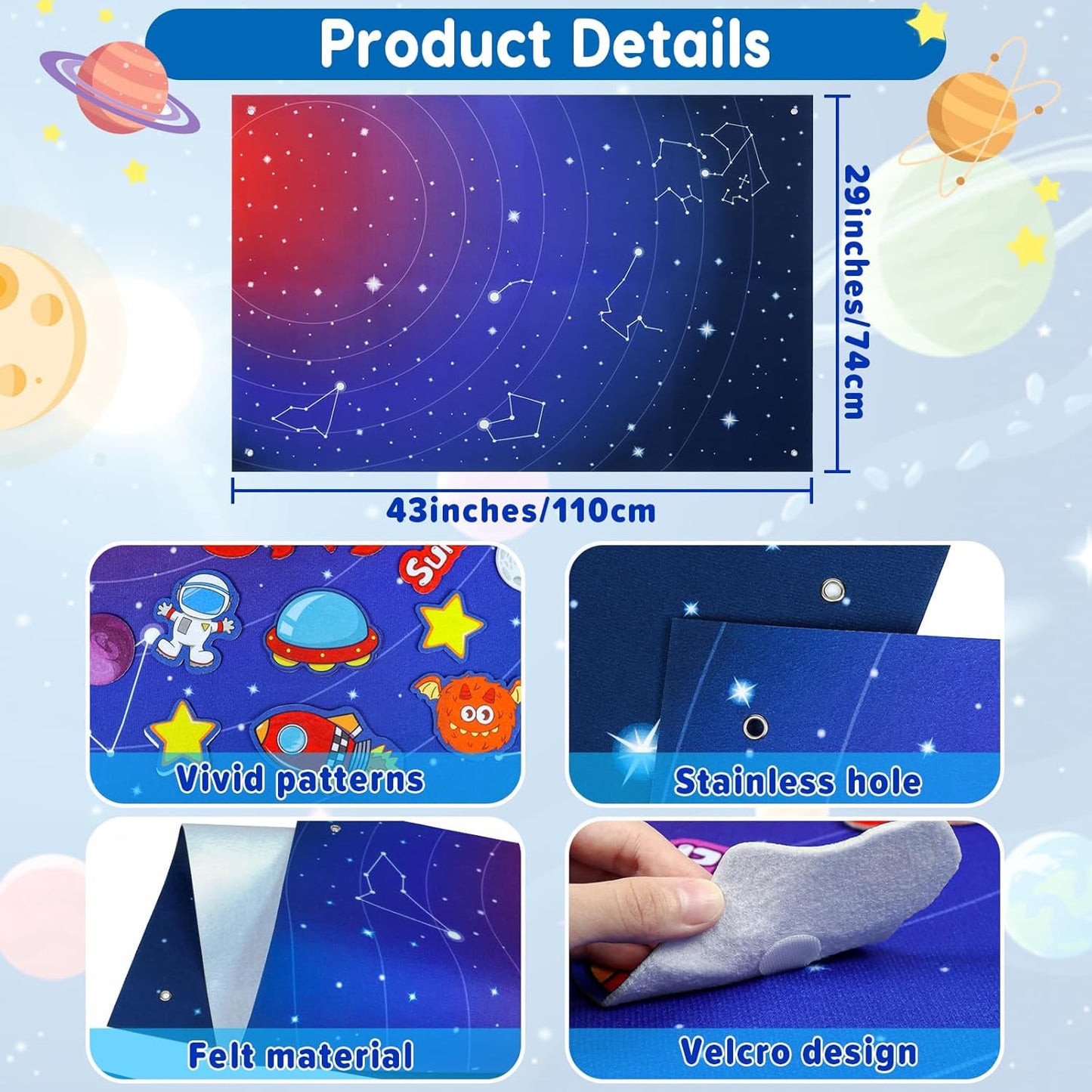 OKOOKO Solar System Felt Story Board Set 41PCS 43x29inch Outer Space Universe Storytelling with Hooks Astronaut Planets Galaxy Preschool Craft Early Learning Interactive Play Kit for Toddlers Kids 4+