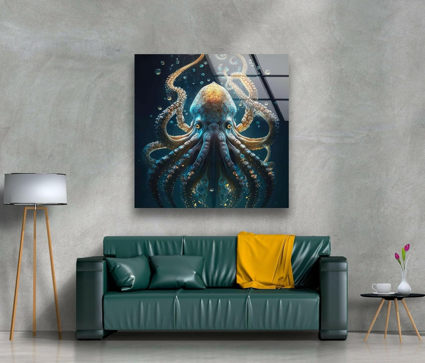 My Photostation.com 14Wx20H'' Underwater Blue Octopus Glass Wall Art Tempered Glass Printing Wall Decor Large Wall Art Wall Hangings