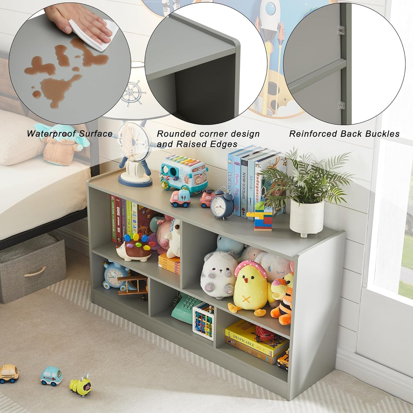 Kids Toy Storage Organizer, 5-Section Storage Cabinet for Organizing Books Toys, Wooden Bookshelf Daycare Furniture for School, Classroom Playroom, Nursery, Kindergarten (Gray)