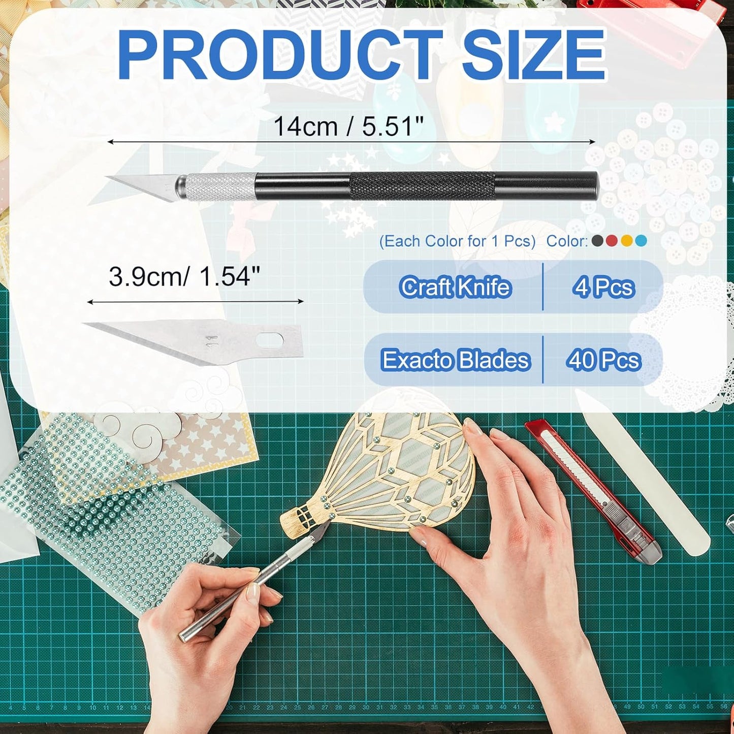 MECCANIXITY 4 Pcs Exacto Knife, Craft Hobby Knife with 40 Exacto Blades(#11) Profession Craft Knives for Crafting, Modeling, Scrapbooking (Red, Gold, Blue, Black)
